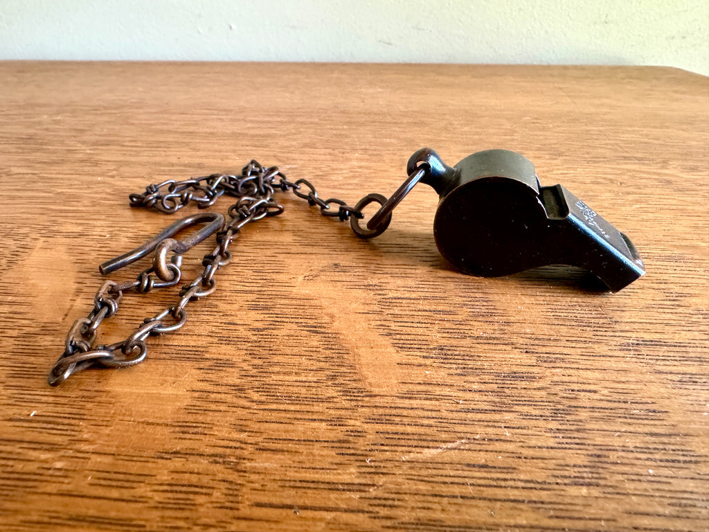 Antique The Acme Thunderer Whistle ~ Patented England Bronze Cork Ball Whistle