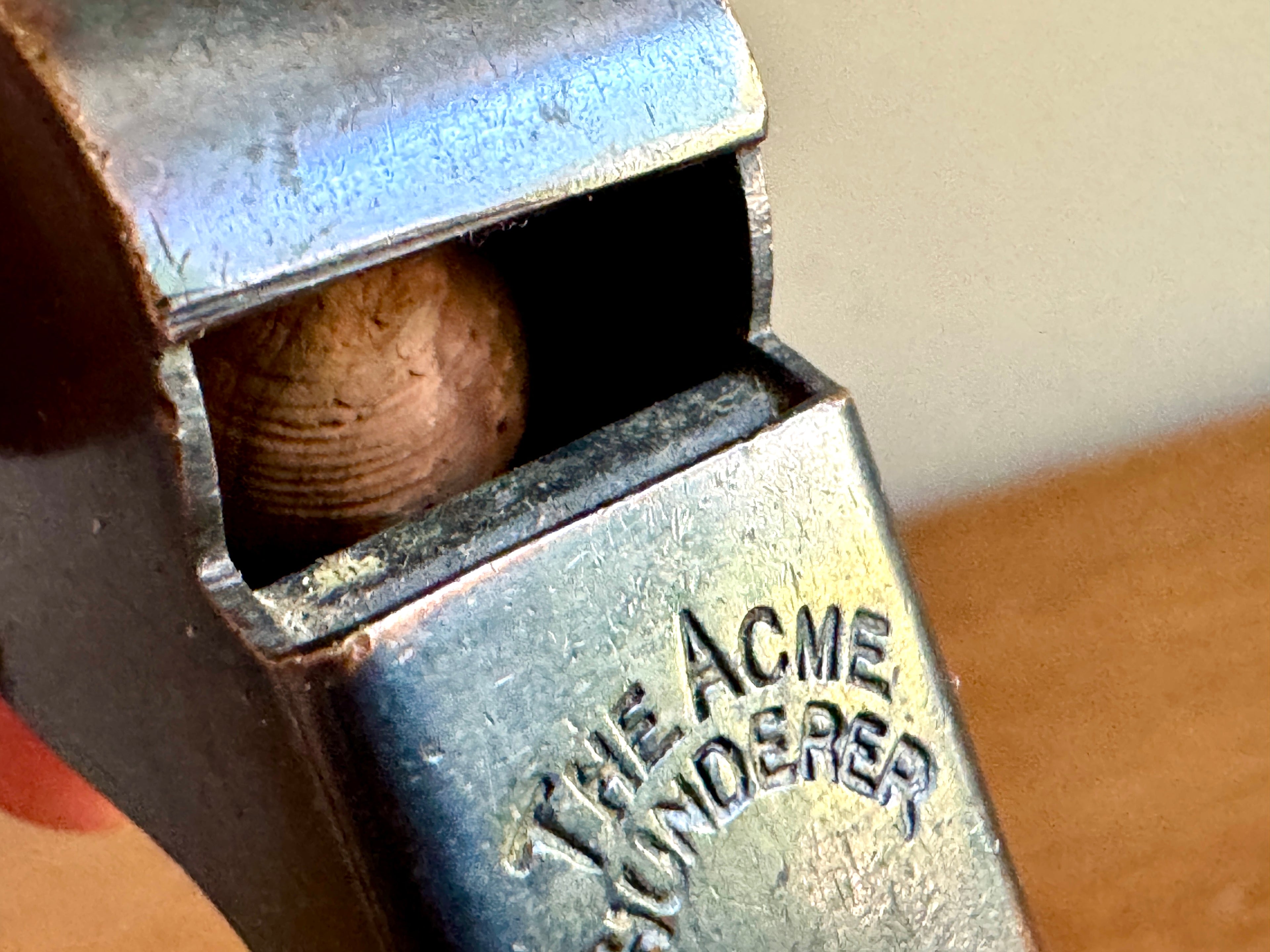 Antique The Acme Thunderer Whistle ~ Patented England Bronze Cork Ball Whistle