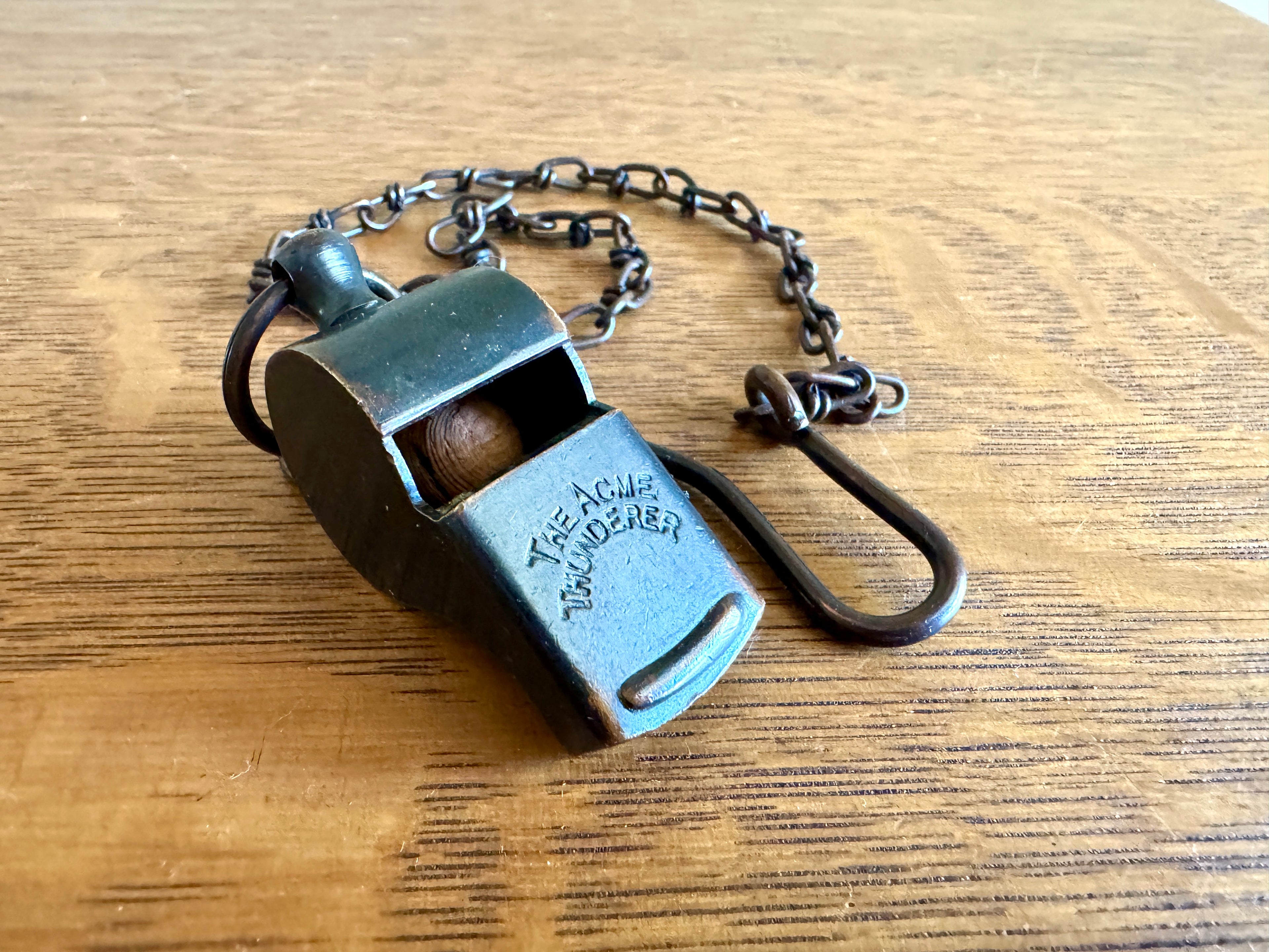 Antique The Acme Thunderer Whistle ~ Patented England Bronze Cork Ball Whistle