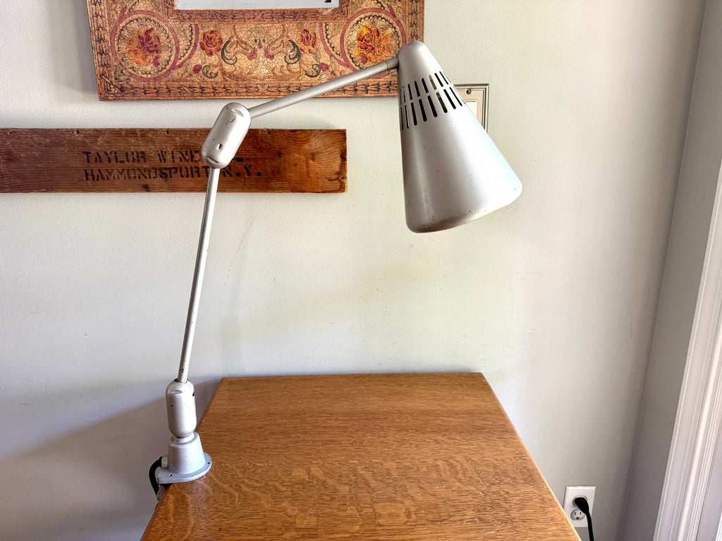 Vtg SWIVELIER Articulating Industrial Lamp ~ Silver Drafting Clamp On Lamp