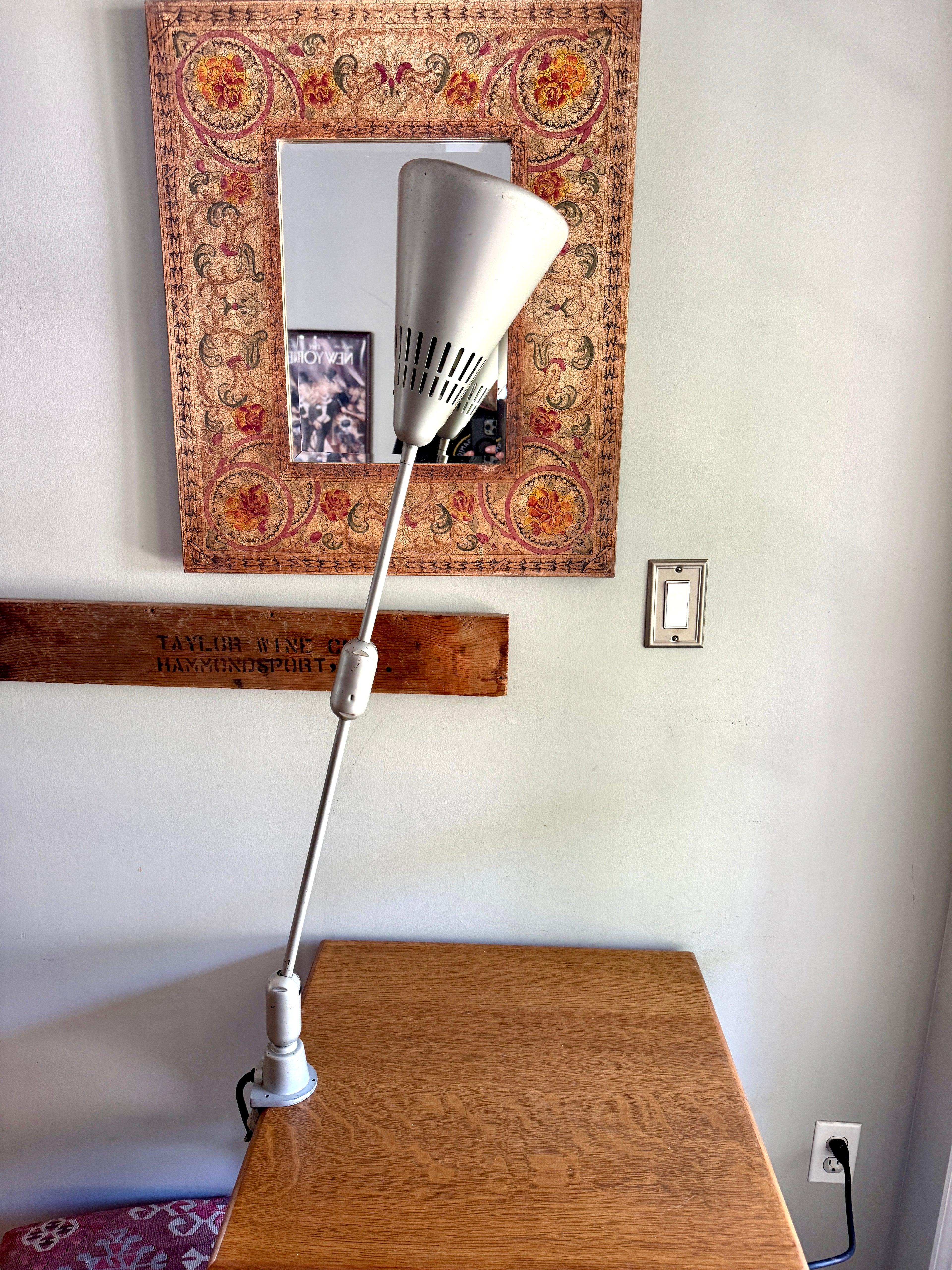 Vtg SWIVELIER Articulating Industrial Lamp ~ Silver Drafting Clamp On Lamp