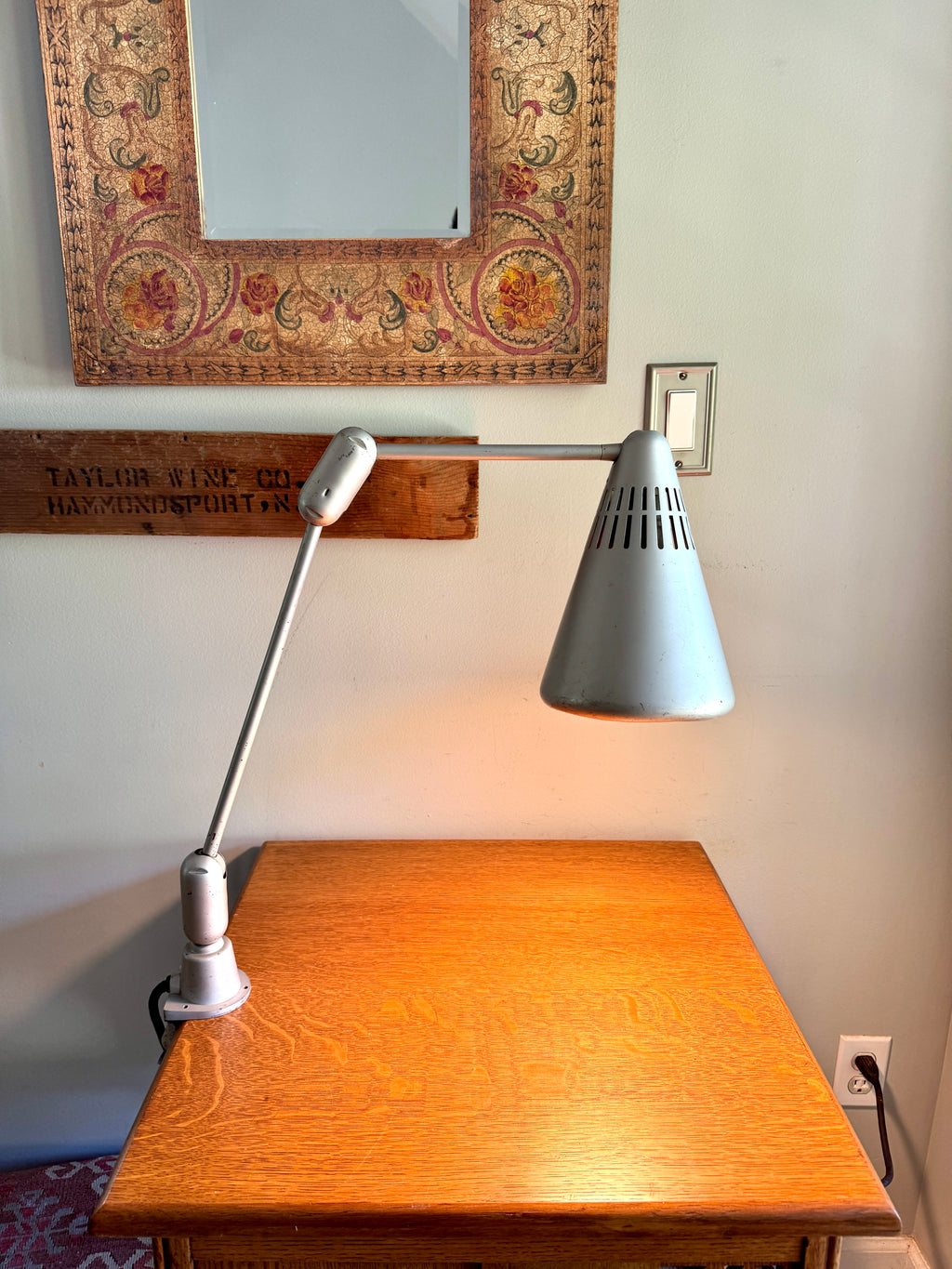 Vtg SWIVELIER Articulating Industrial Lamp ~ Silver Drafting Clamp On Lamp