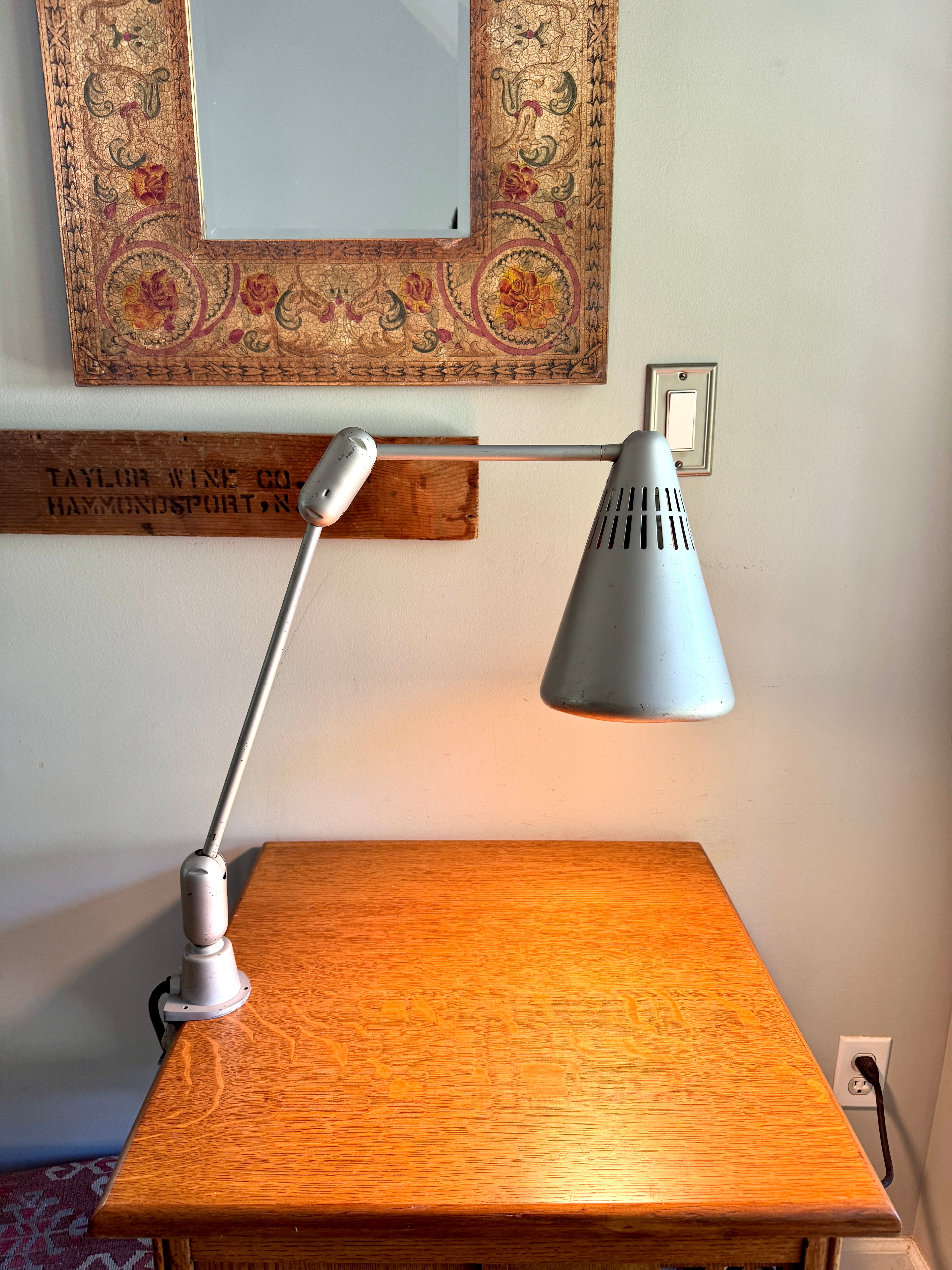 Vtg SWIVELIER Articulating Industrial Lamp ~ Silver Drafting Clamp On Lamp