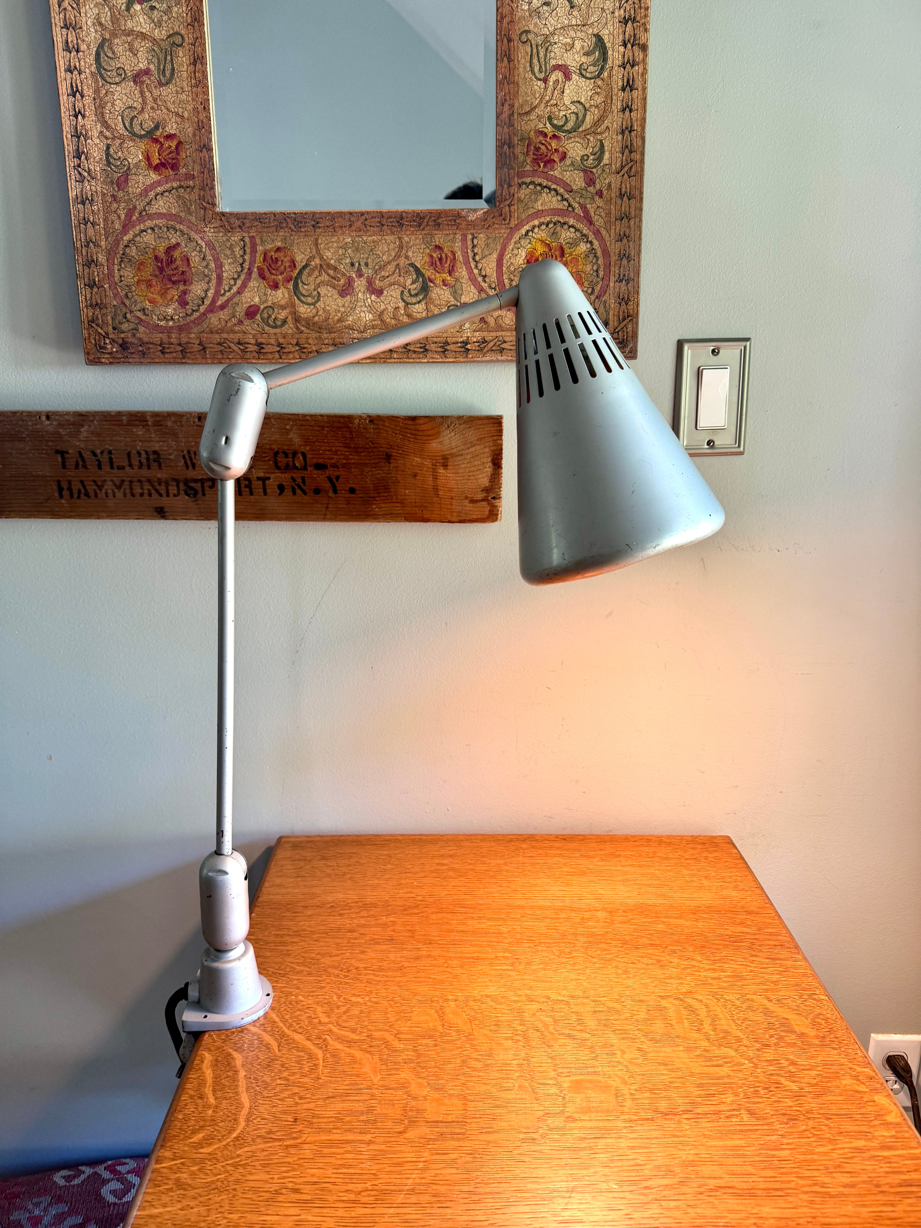 Vtg SWIVELIER Articulating Industrial Lamp ~ Silver Drafting Clamp On Lamp