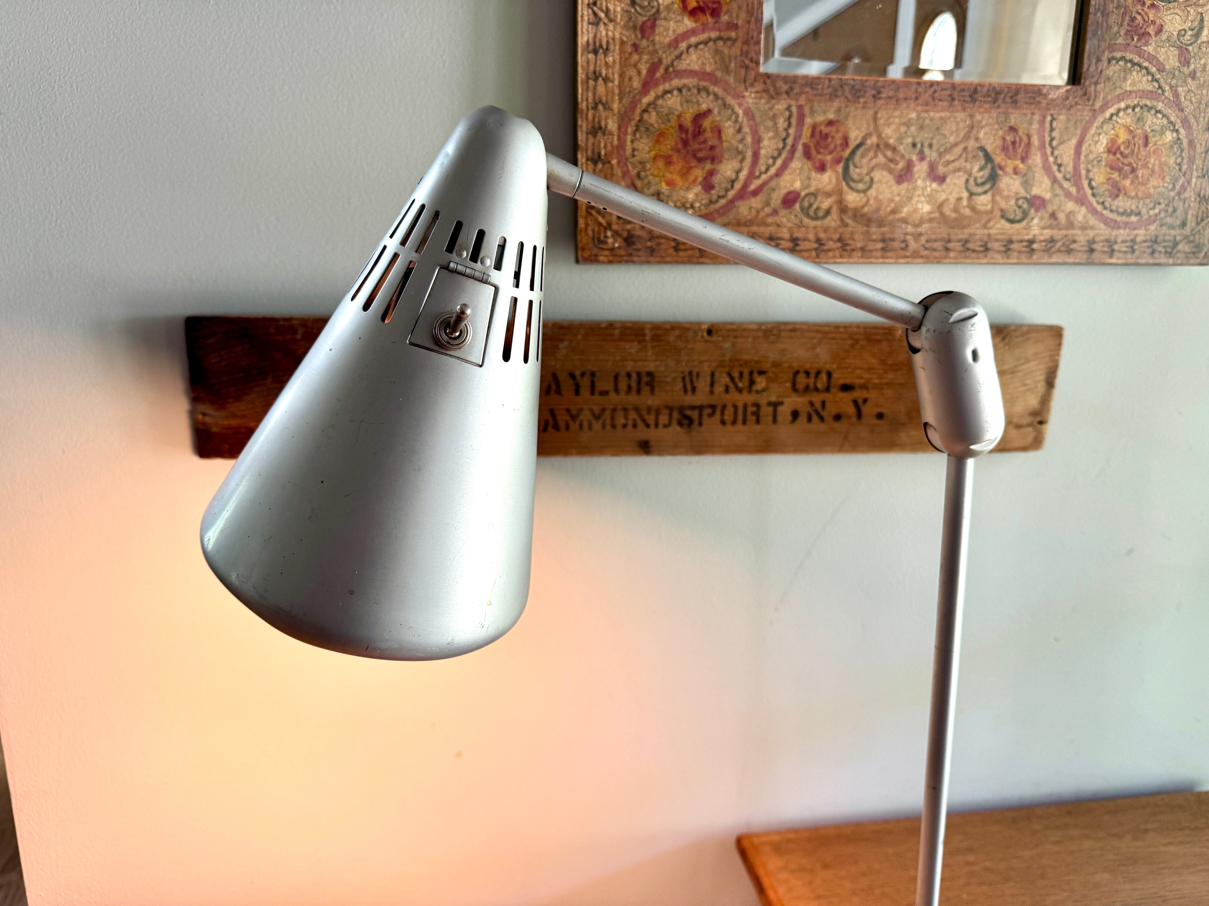 Vtg SWIVELIER Articulating Industrial Lamp ~ Silver Drafting Clamp On Lamp