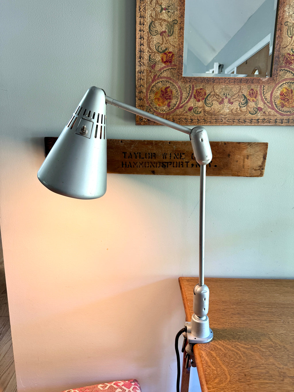 Vtg SWIVELIER Articulating Industrial Lamp ~ Silver Drafting Clamp On Lamp