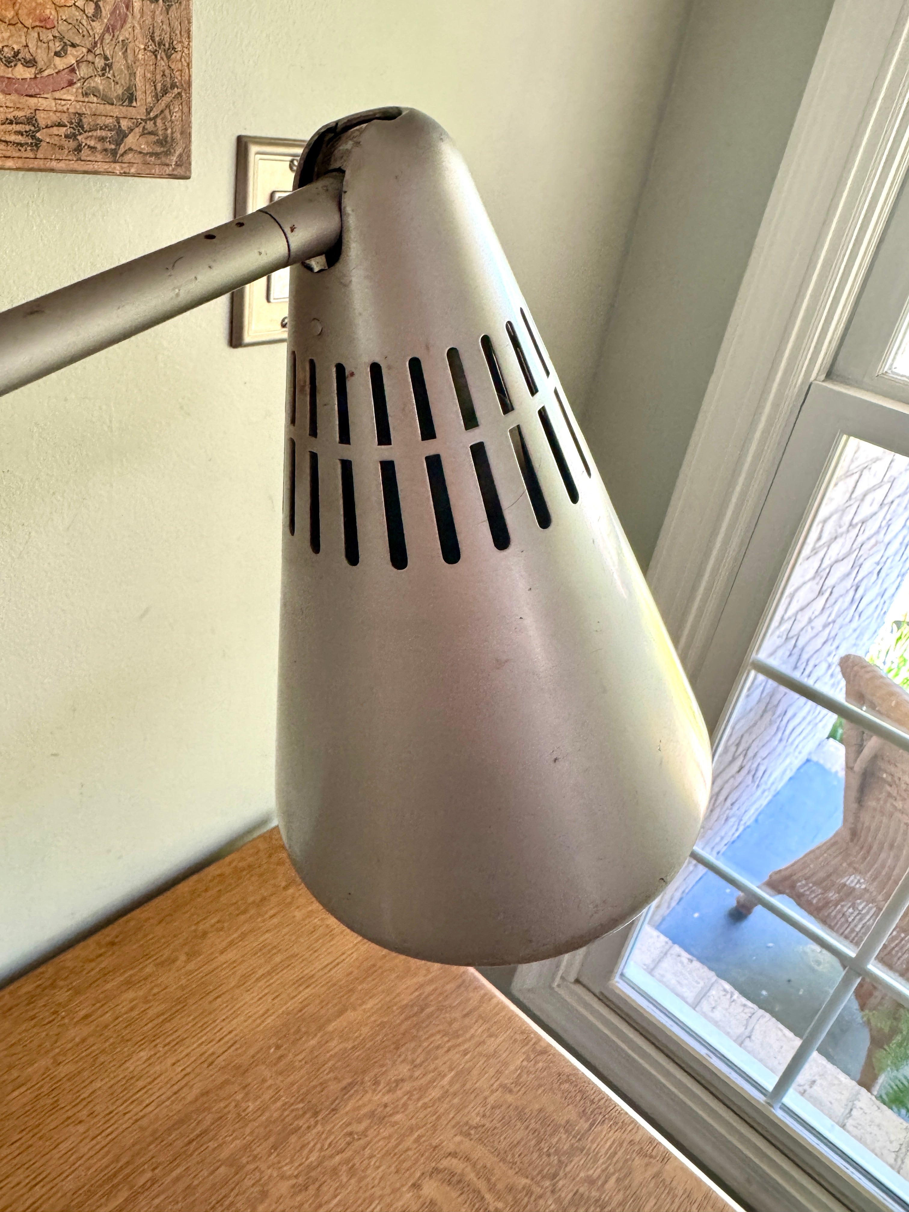 Vtg SWIVELIER Articulating Industrial Lamp ~ Silver Drafting Clamp On Lamp
