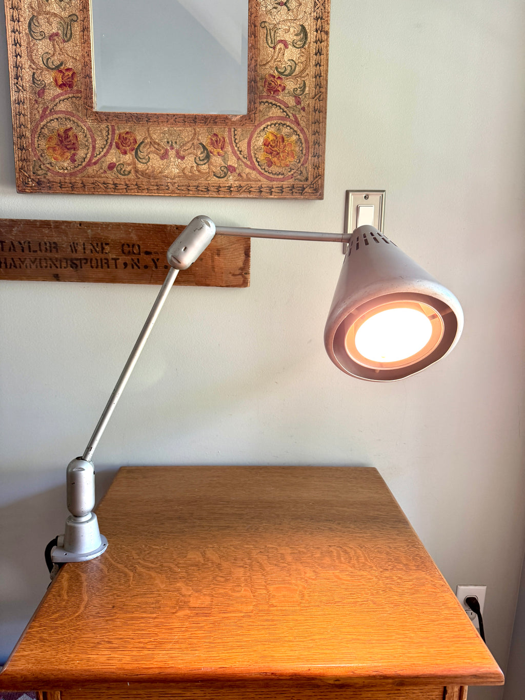 Vtg SWIVELIER Articulating Industrial Lamp ~ Silver Drafting Clamp On Lamp