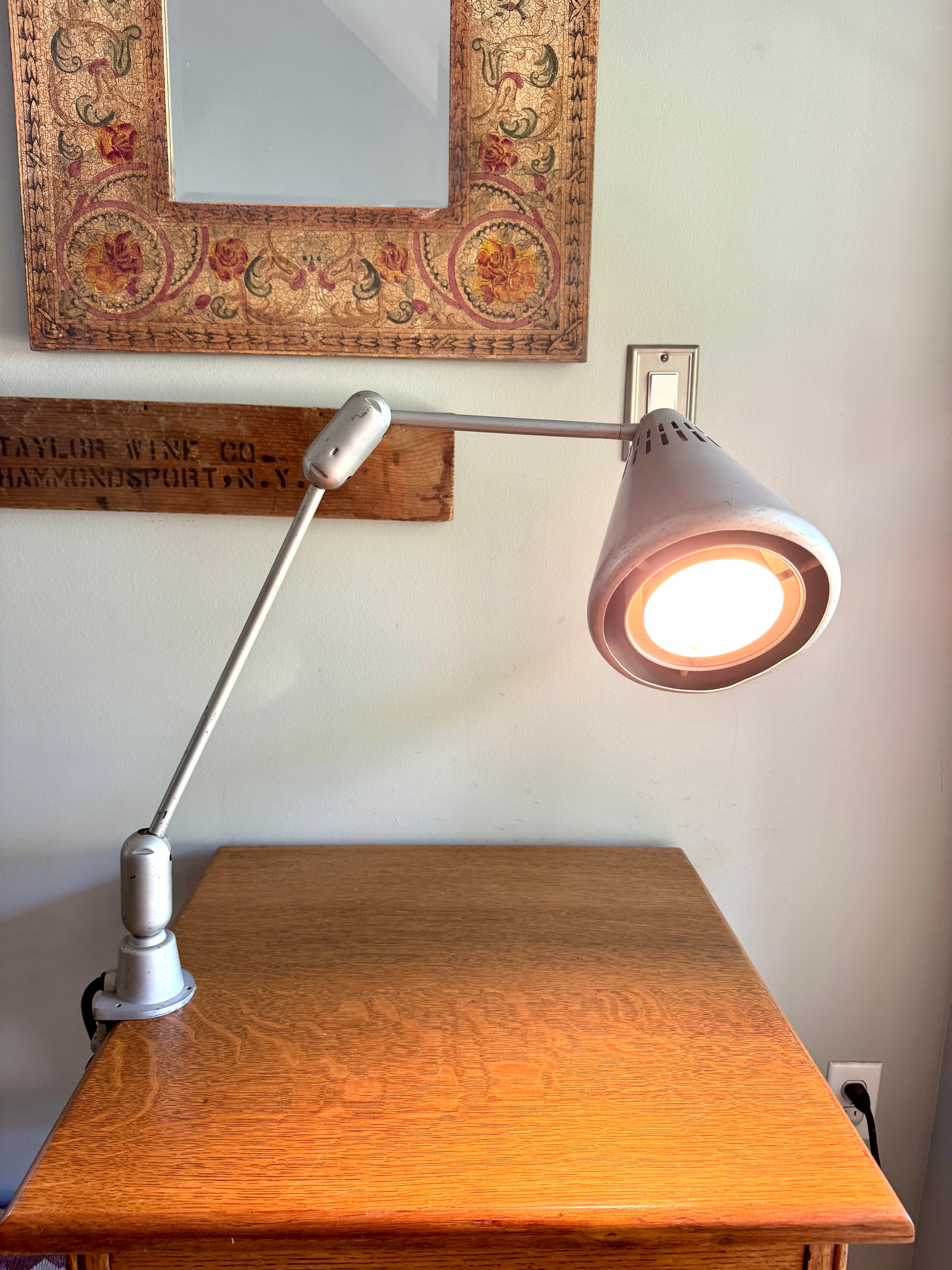 Vtg SWIVELIER Articulating Industrial Lamp ~ Silver Drafting Clamp On Lamp