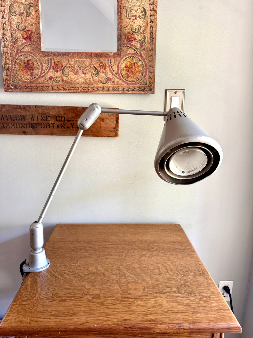 Vtg SWIVELIER Articulating Industrial Lamp ~ Silver Drafting Clamp On Lamp