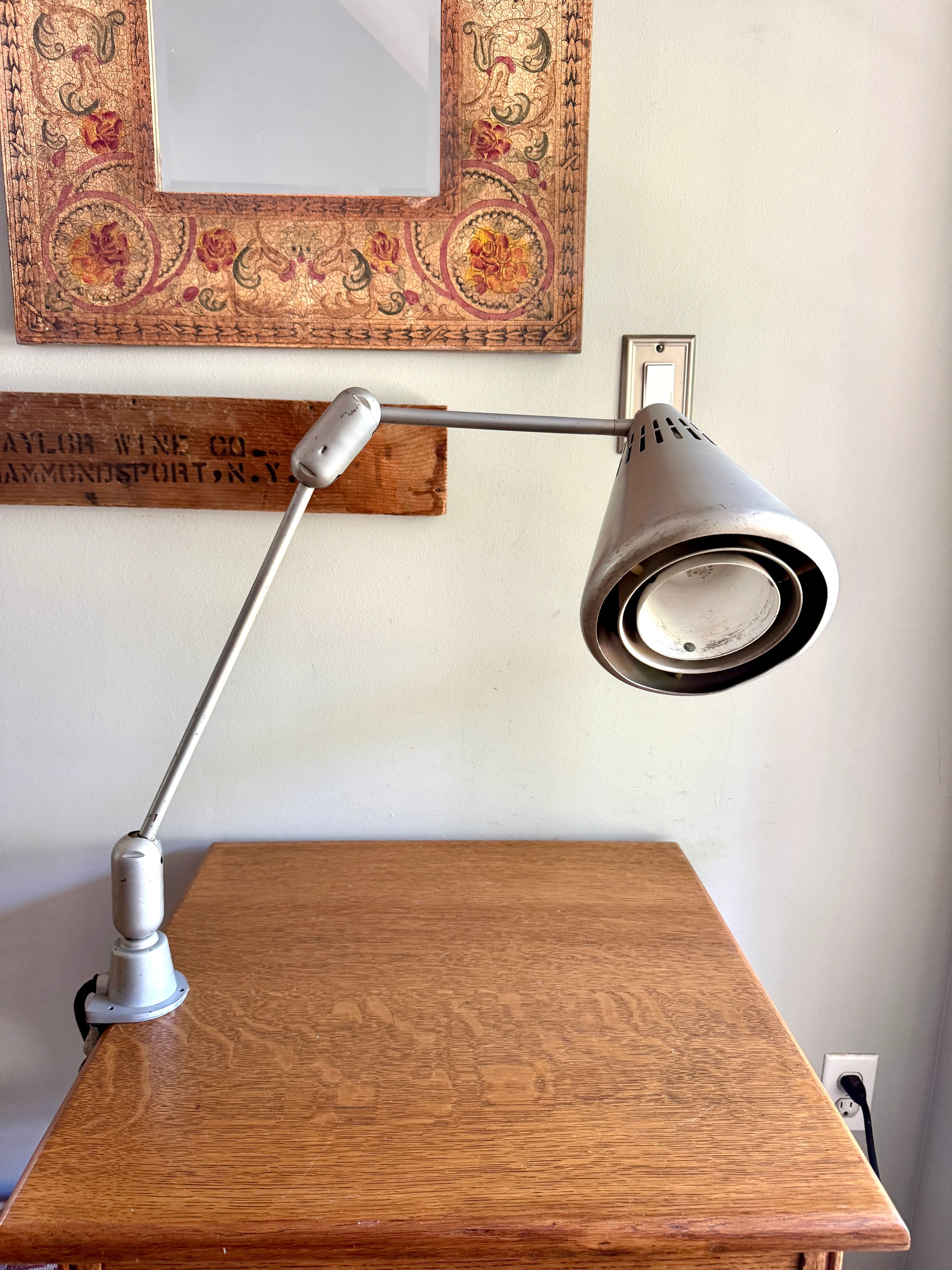 Vtg SWIVELIER Articulating Industrial Lamp ~ Silver Drafting Clamp On Lamp