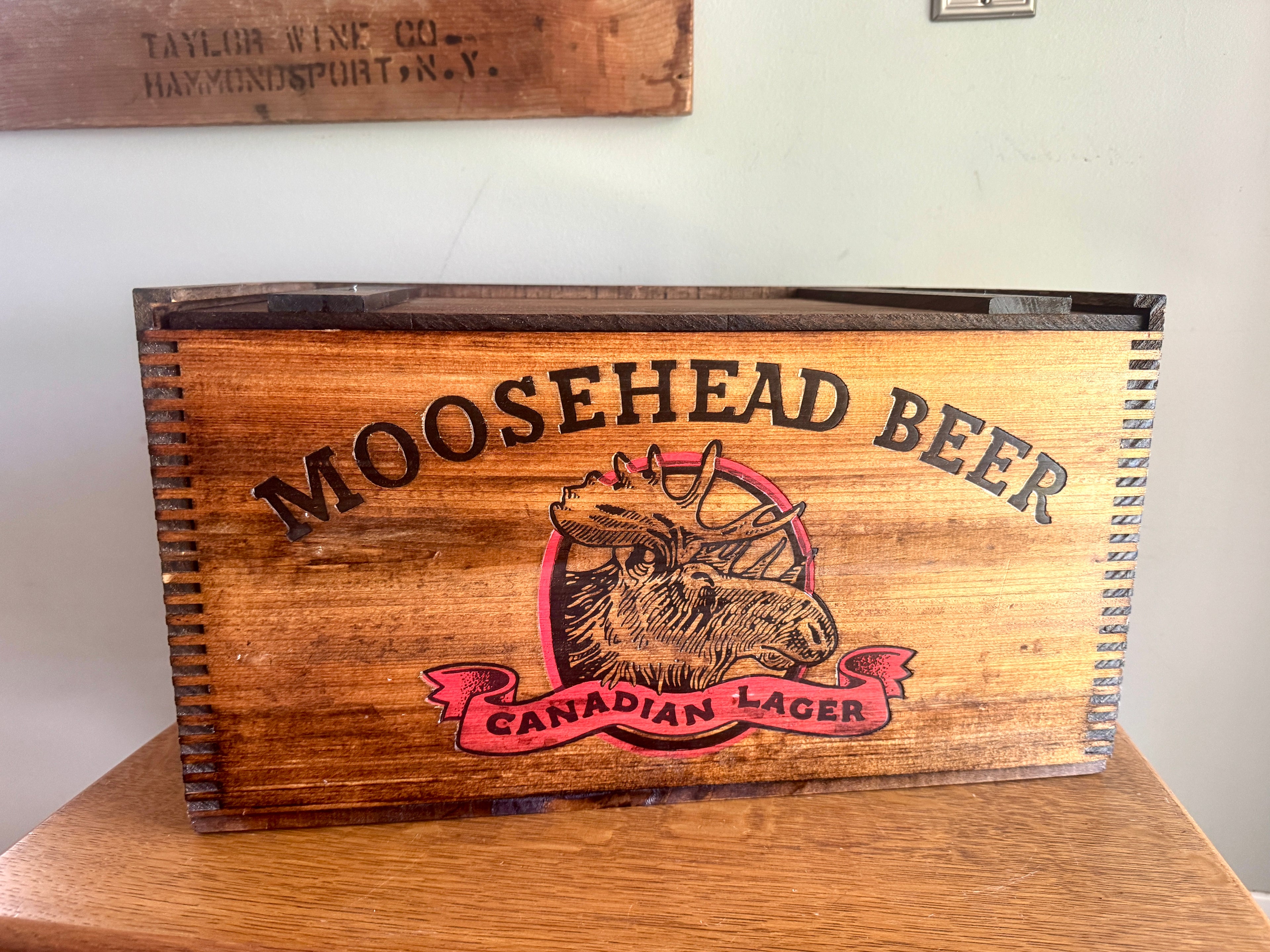 Moosehead Beer Wooden Crate ~ Wood Checkerboard Lid Crate Box ~ Canadian Beer Crate