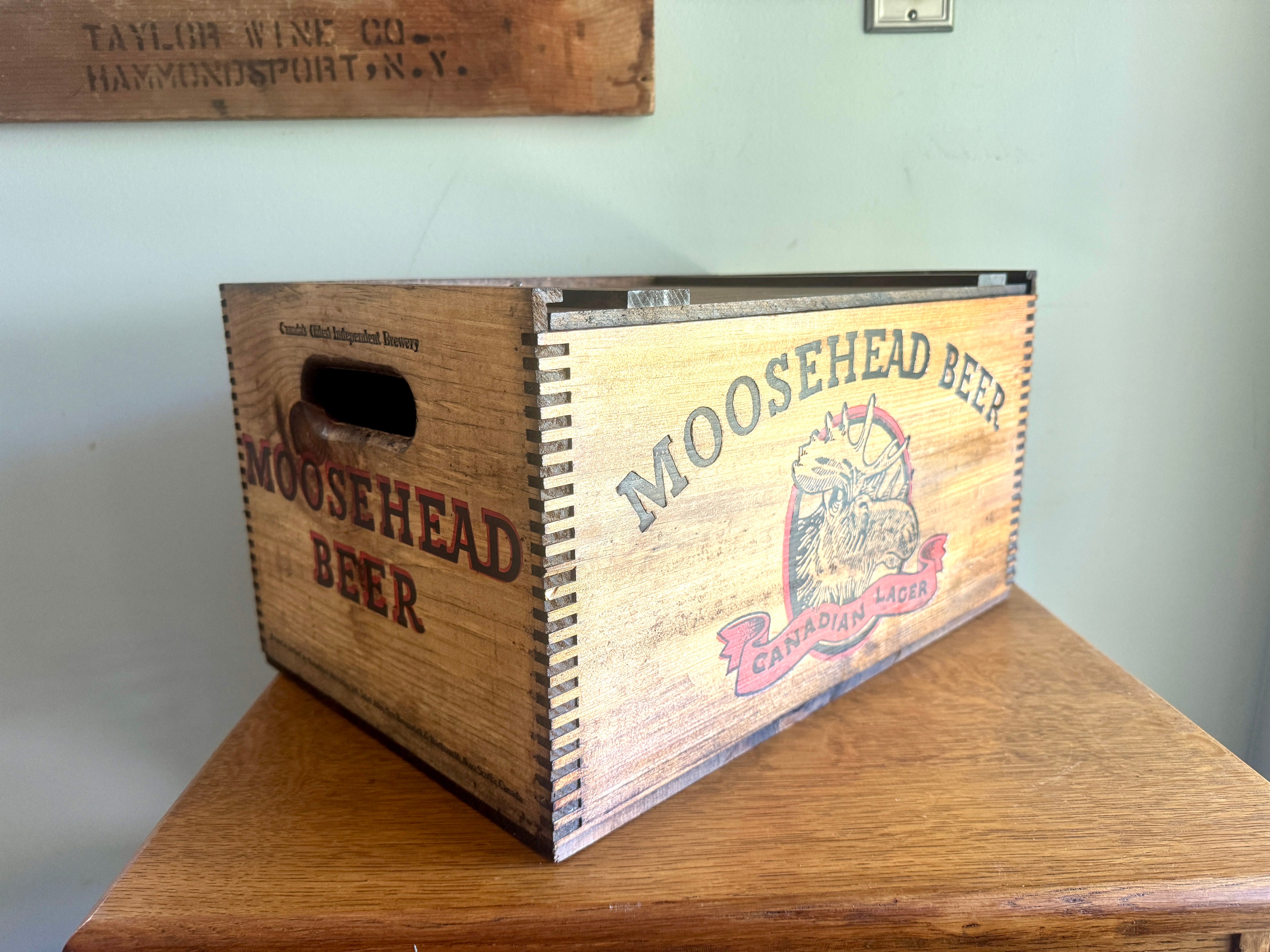 Moosehead Beer Wooden Crate ~ Wood Checkerboard Lid Crate Box ~ Canadian Beer Crate