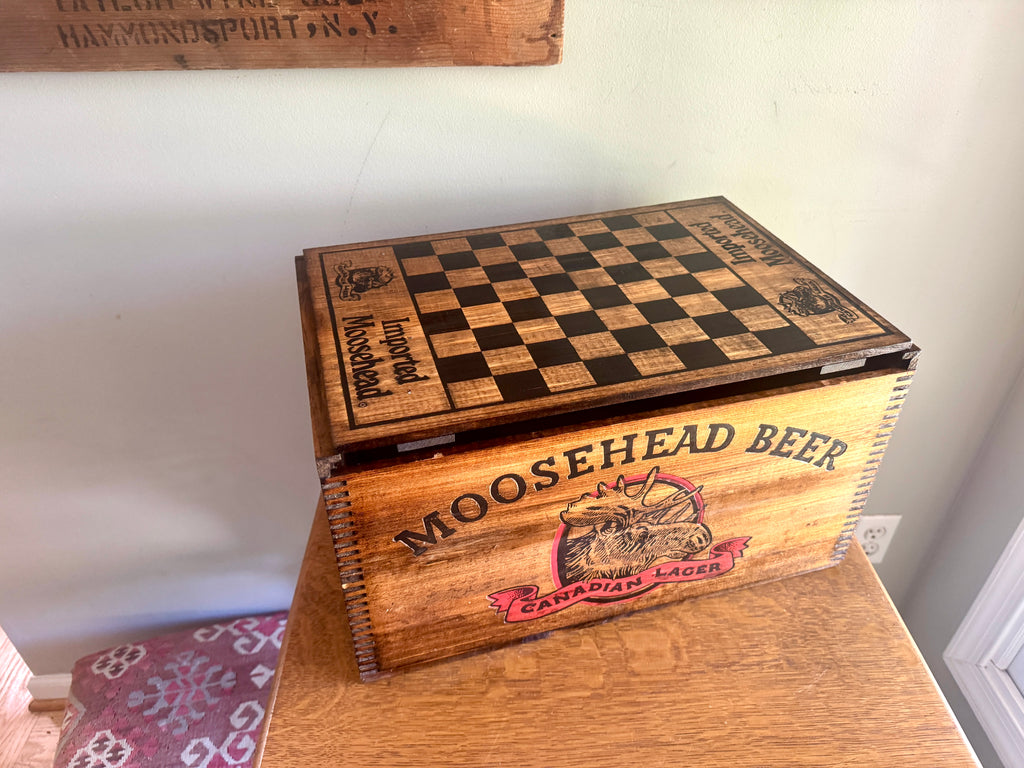 Moosehead Beer Wooden Crate ~ Wood Checkerboard Lid Crate Box ~ Canadian Beer Crate