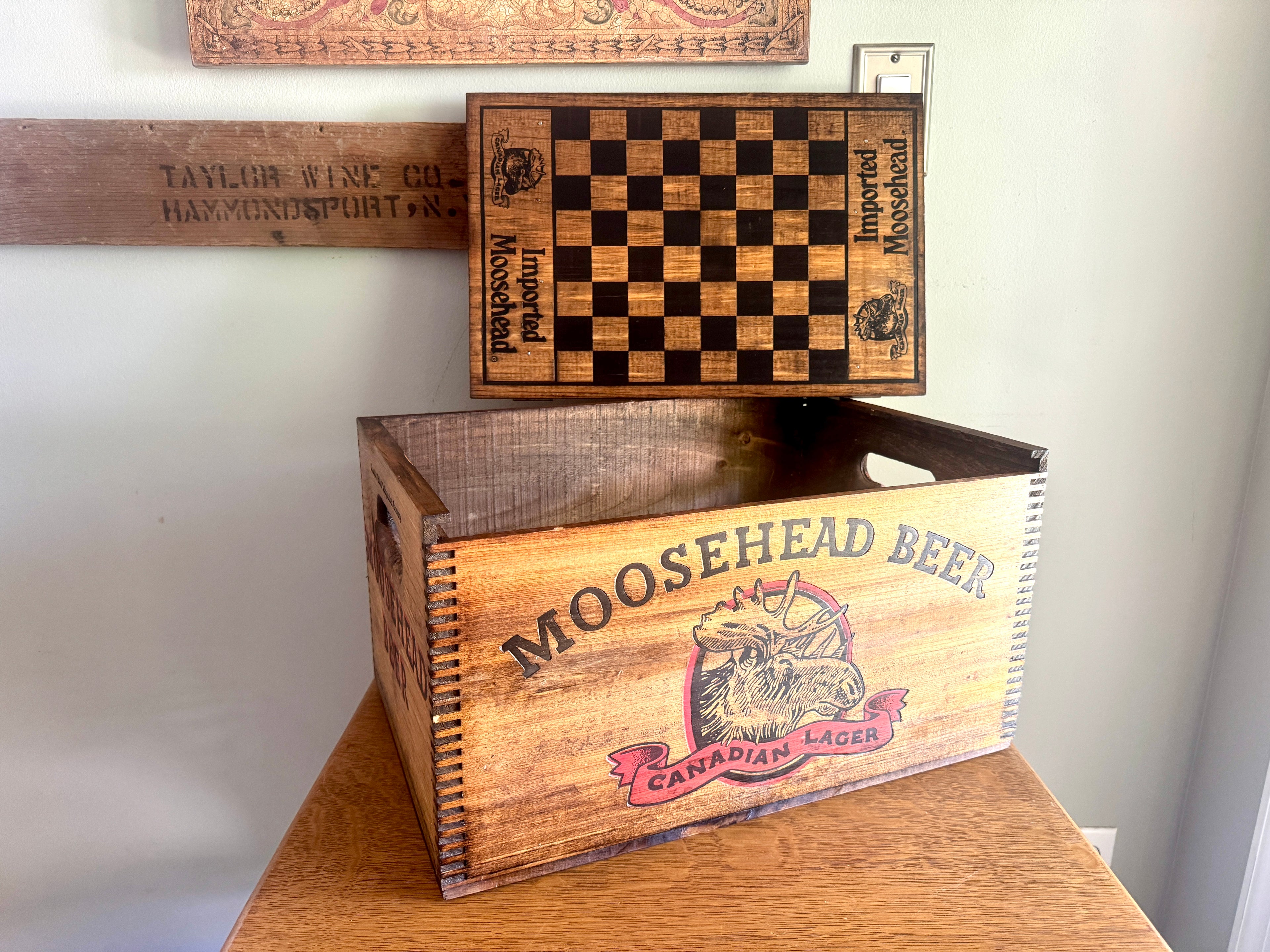 Moosehead Beer Wooden Crate ~ Wood Checkerboard Lid Crate Box ~ Canadian Beer Crate