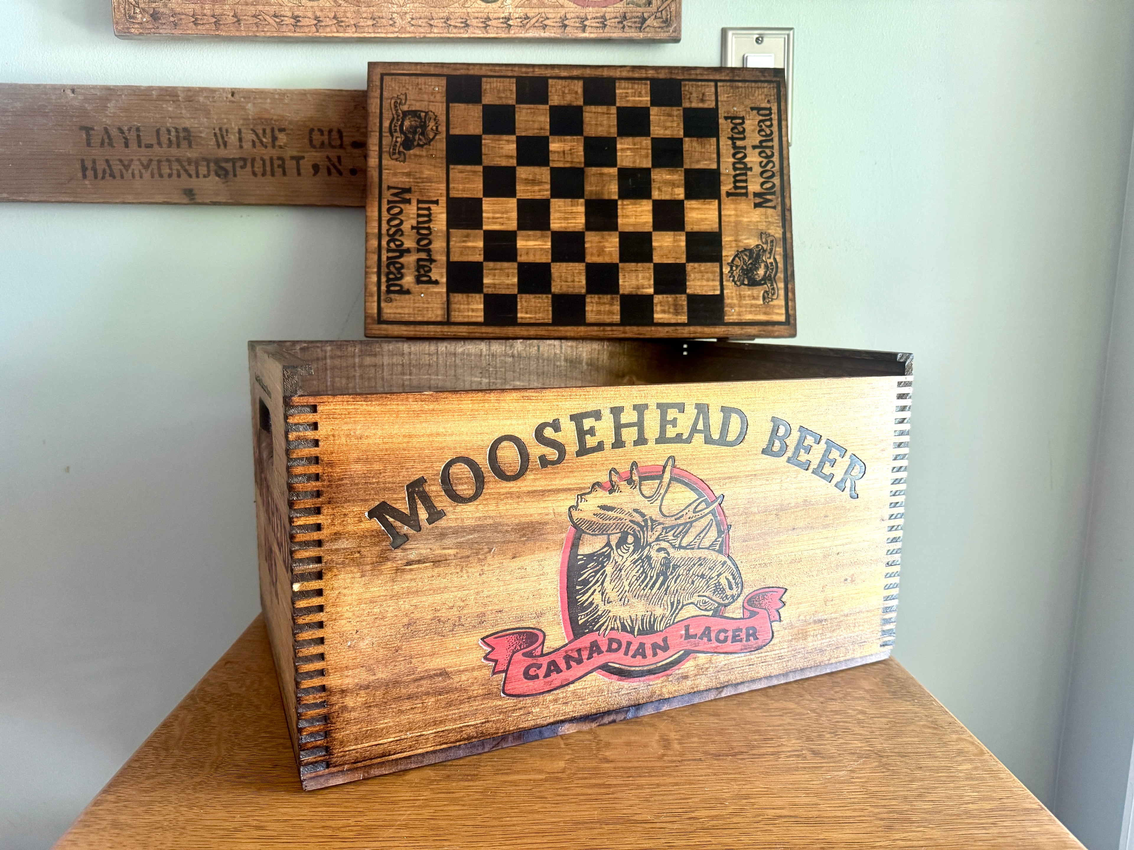 Moosehead Beer Wooden Crate ~ Wood Checkerboard Lid Crate Box ~ Canadian Beer Crate