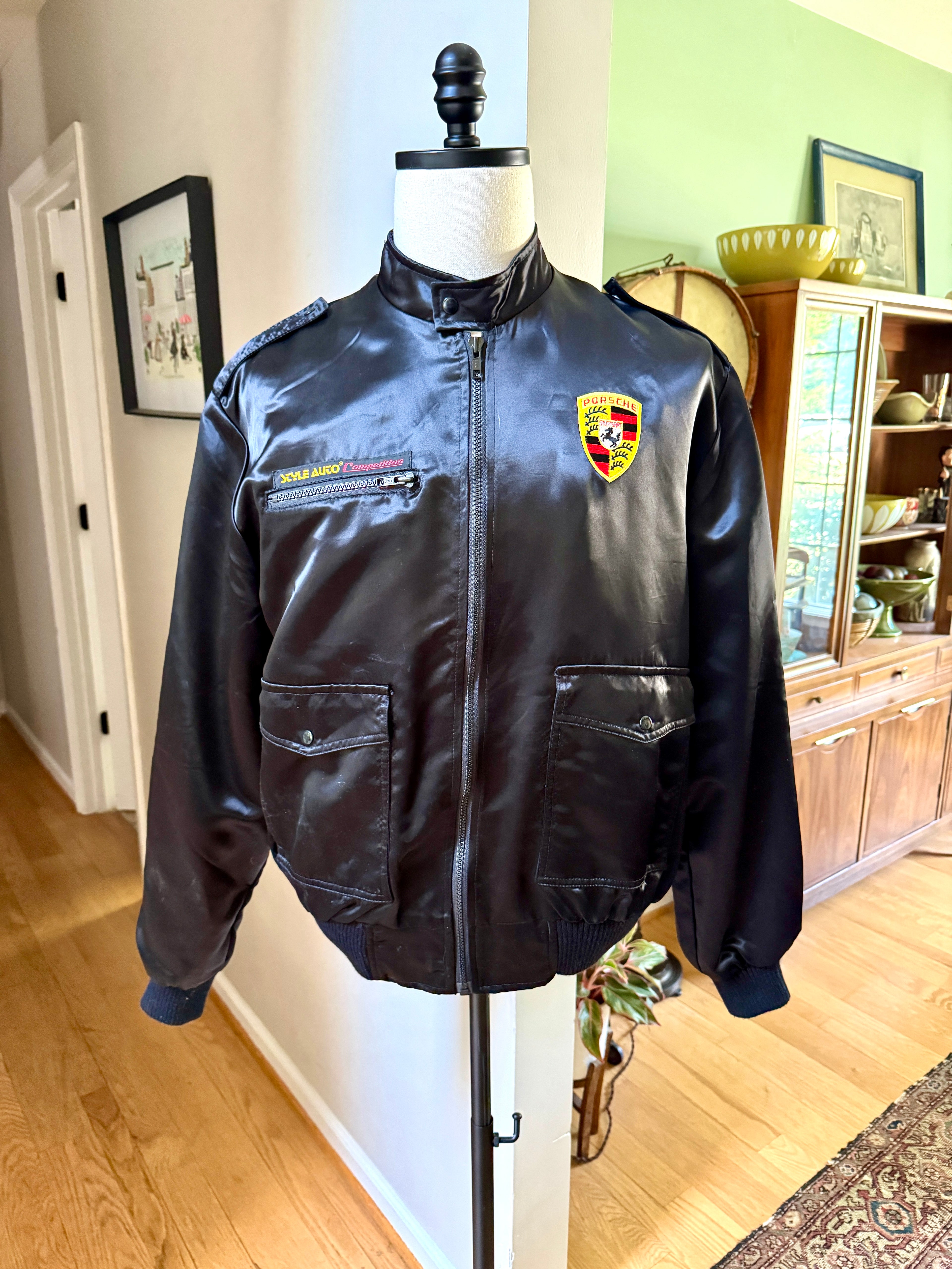 Vtg Porsche Satin Racing Bomber Jacket ~ Black Style Auto Competition Porsche Jacket ~ Size L