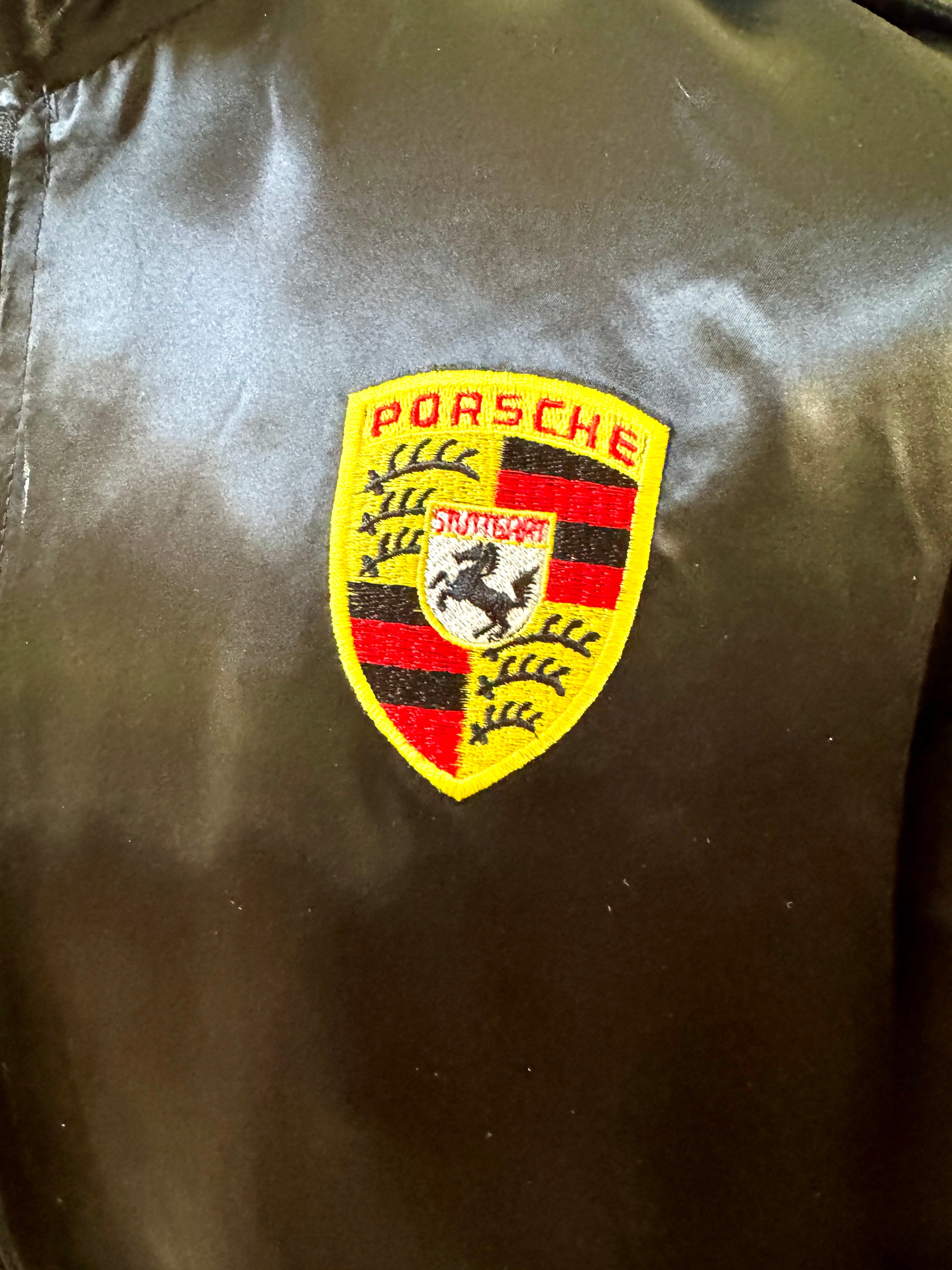 Vtg Porsche Satin Racing Bomber Jacket ~ Black Style Auto Competition Porsche Jacket ~ Size L