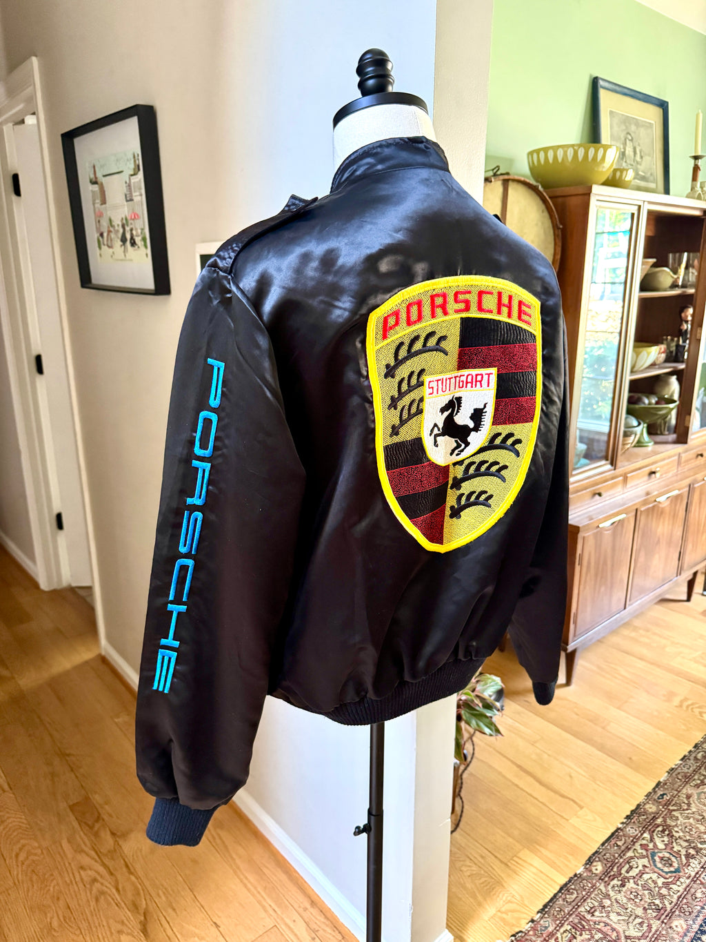 Vtg Porsche Satin Racing Bomber Jacket ~ Black Style Auto Competition Porsche Jacket ~ Size L
