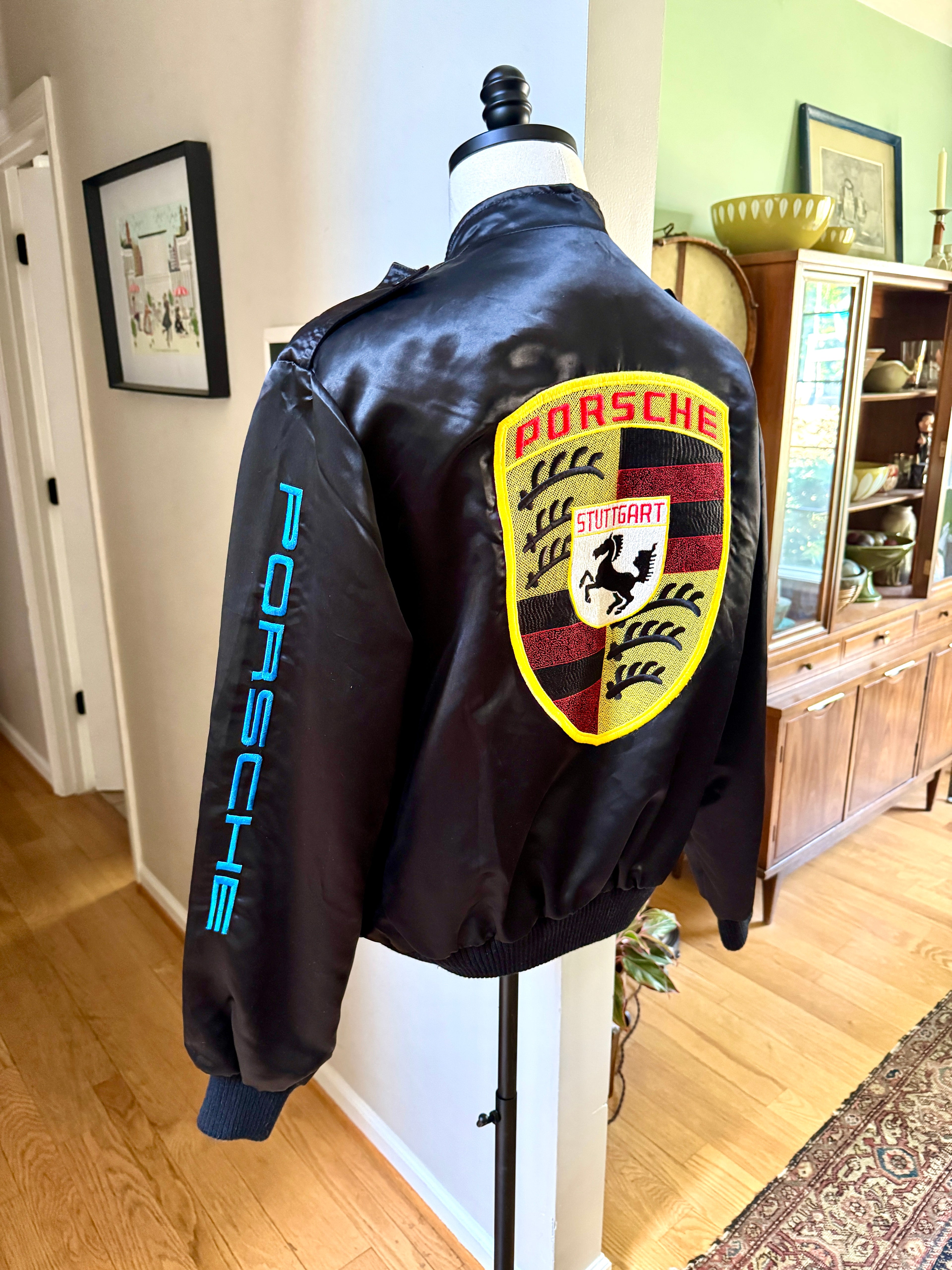 Vtg Porsche Satin Racing Bomber Jacket ~ Black Style Auto Competition Porsche Jacket ~ Size L