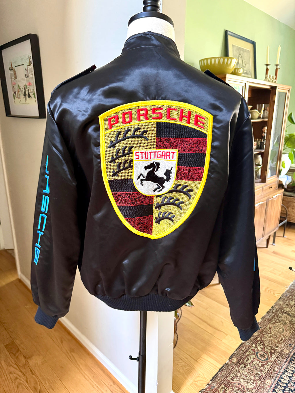 Vtg Porsche Satin Racing Bomber Jacket ~ Black Style Auto Competition Porsche Jacket ~ Size L