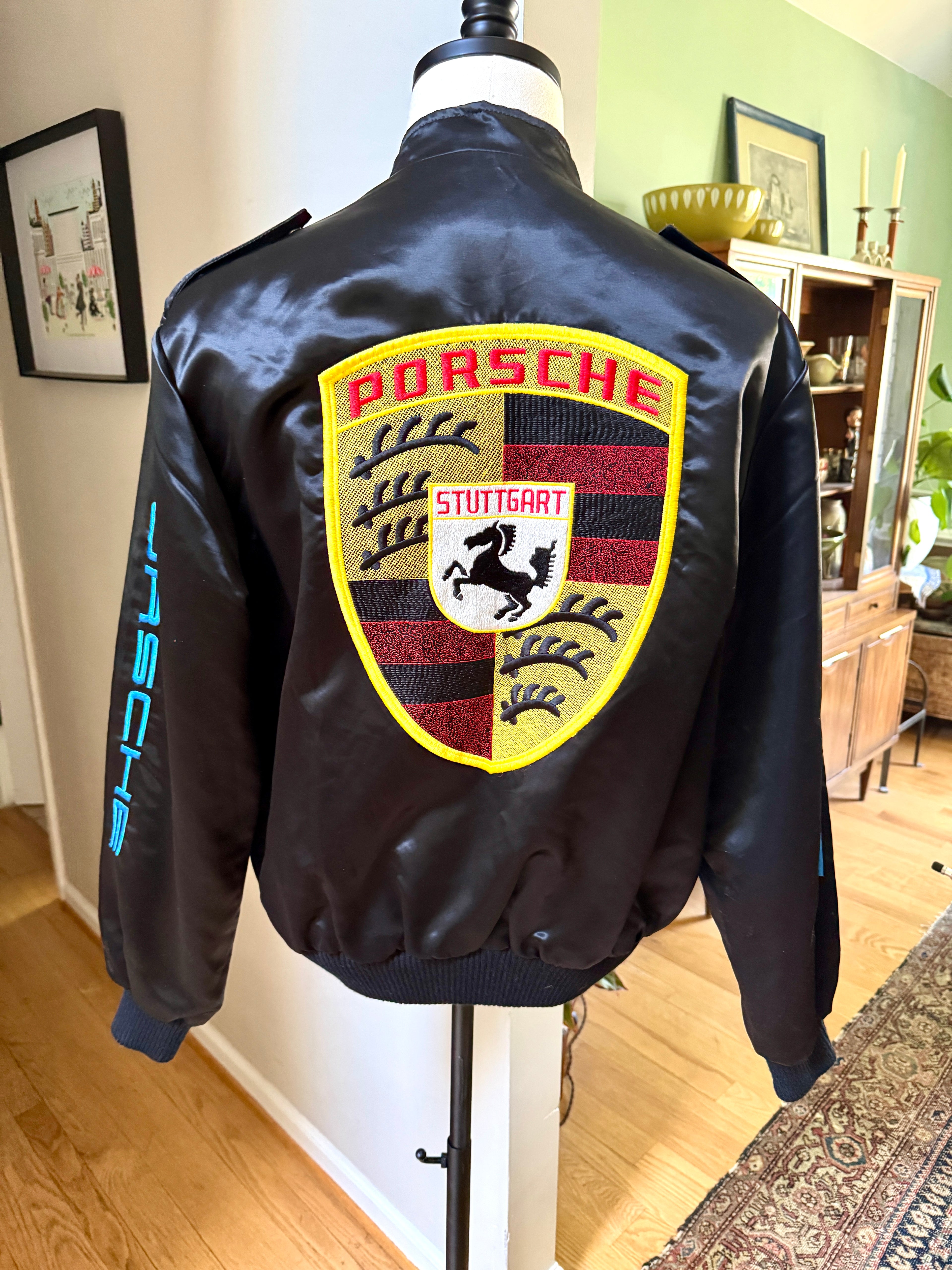 Vtg Porsche Satin Racing Bomber Jacket ~ Black Style Auto Competition Porsche Jacket ~ Size L