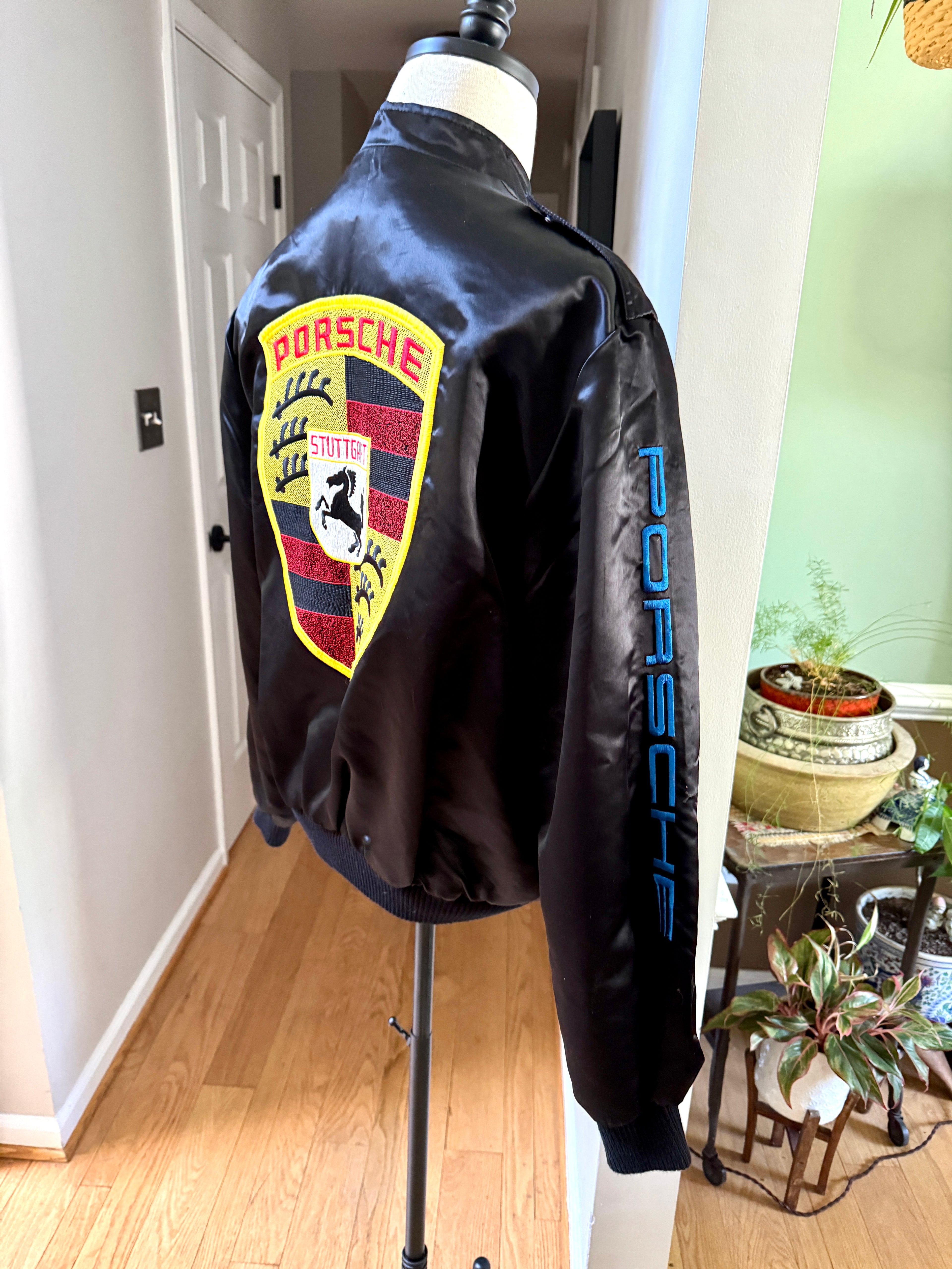 Vtg Porsche Satin Racing Bomber Jacket ~ Black Style Auto Competition Porsche Jacket ~ Size L