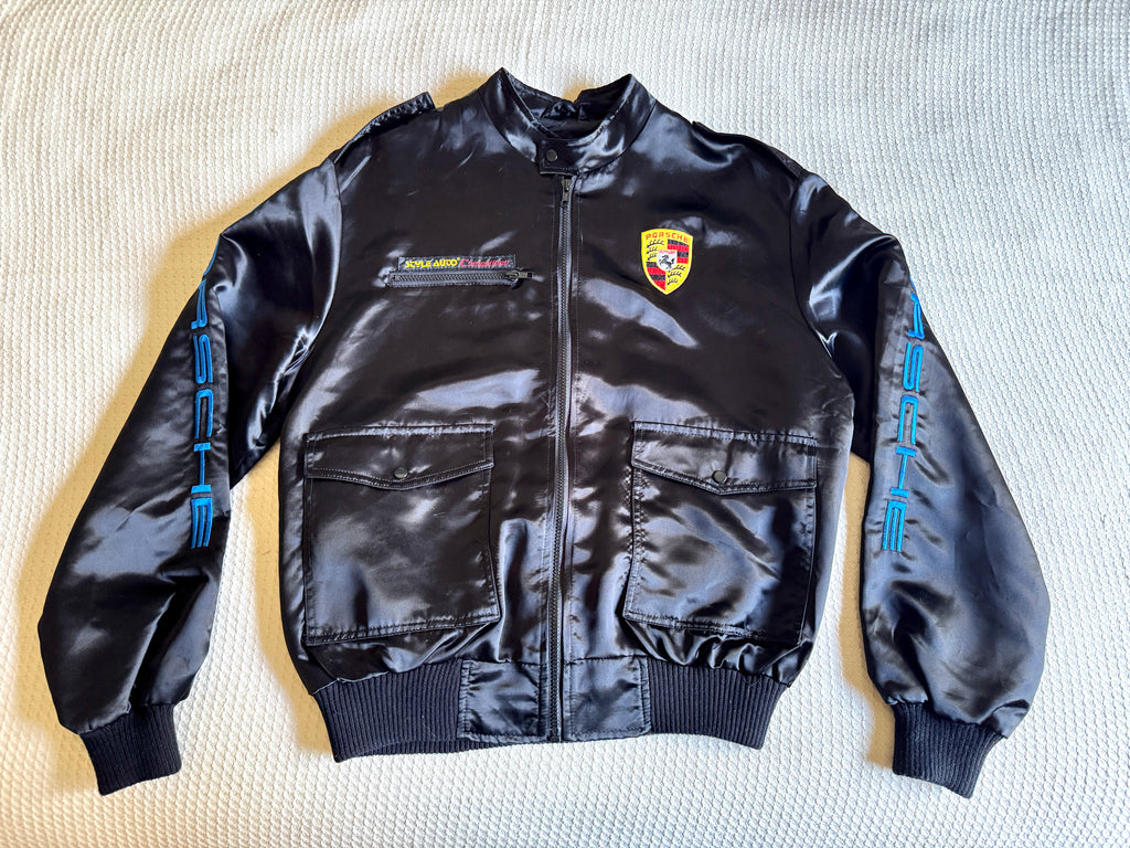Vtg Porsche Satin Racing Bomber Jacket ~ Black Style Auto Competition Porsche Jacket ~ Size L