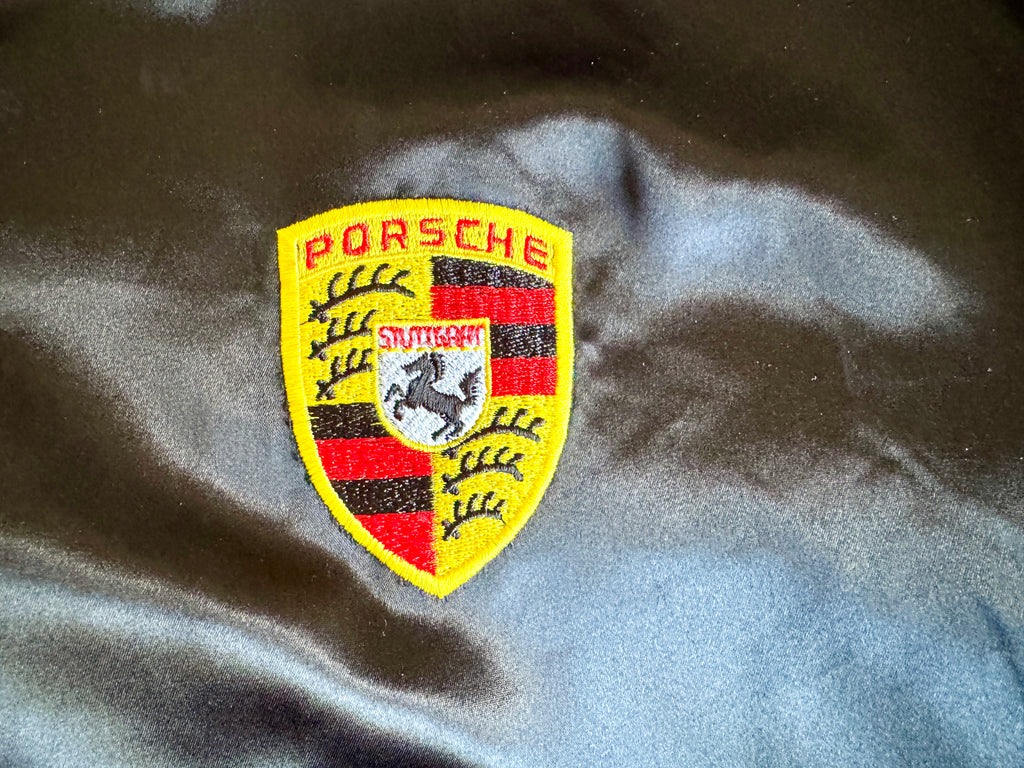 Vtg Porsche Satin Racing Bomber Jacket ~ Black Style Auto Competition Porsche Jacket ~ Size L