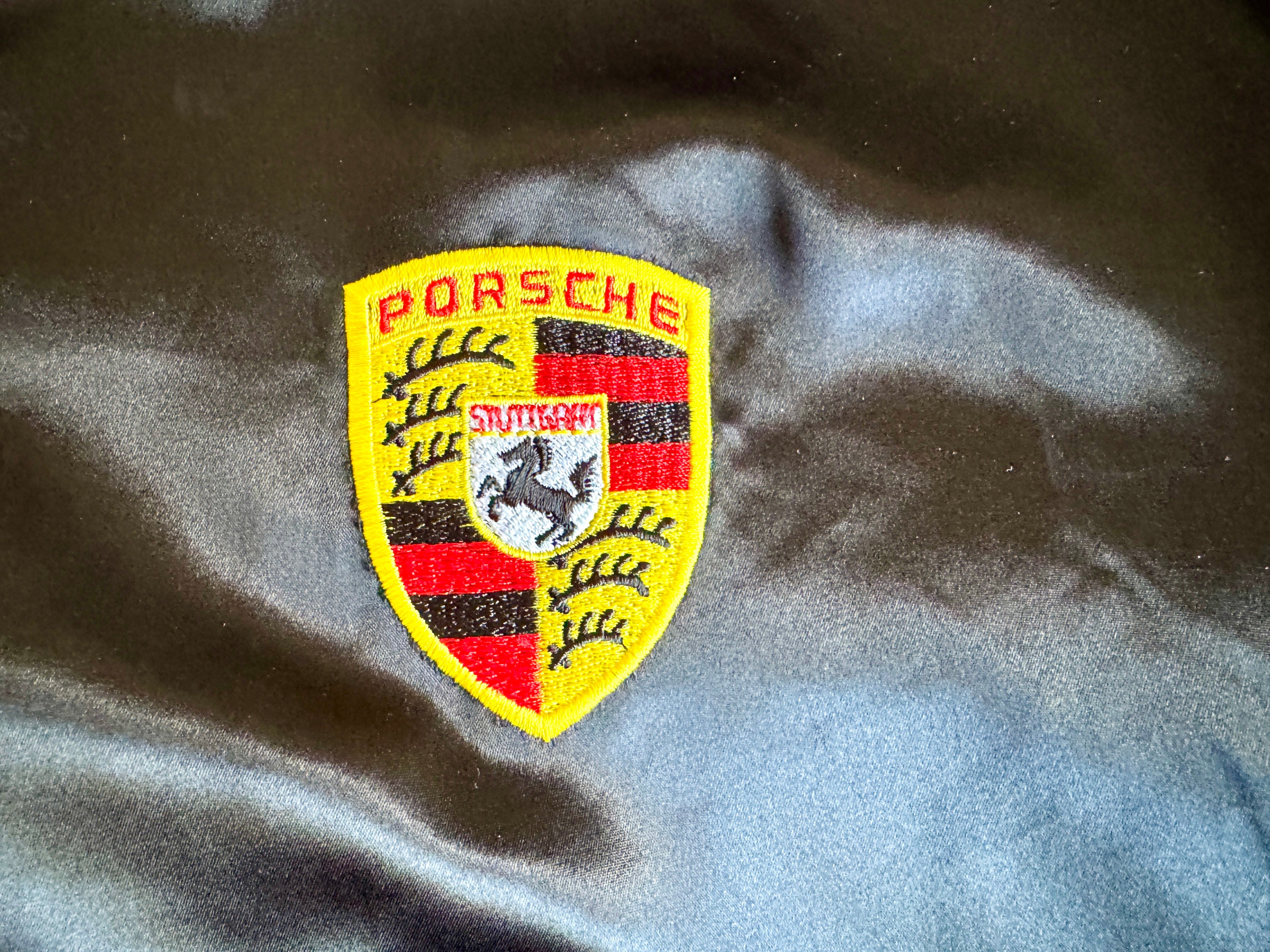 Vtg Porsche Satin Racing Bomber Jacket ~ Black Style Auto Competition Porsche Jacket ~ Size L