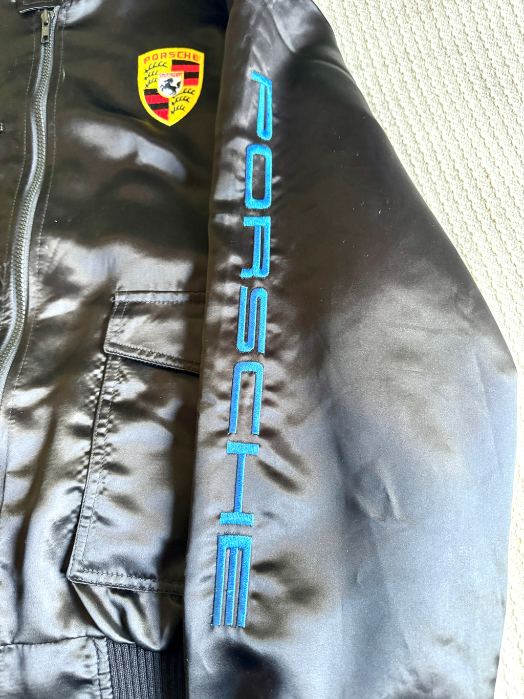 Vtg Porsche Satin Racing Bomber Jacket ~ Black Style Auto Competition Porsche Jacket ~ Size L