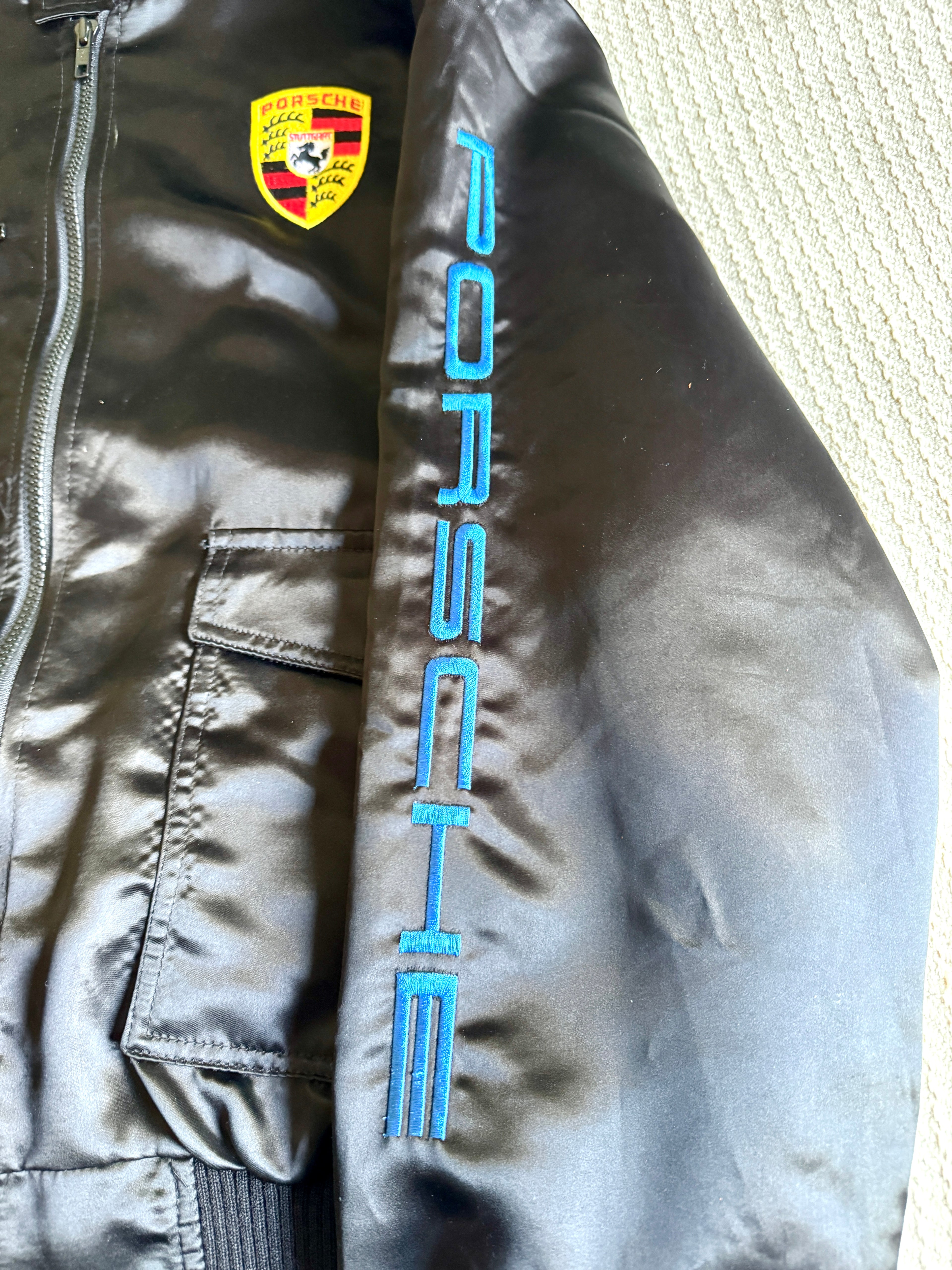 Vtg Porsche Satin Racing Bomber Jacket ~ Black Style Auto Competition Porsche Jacket ~ Size L