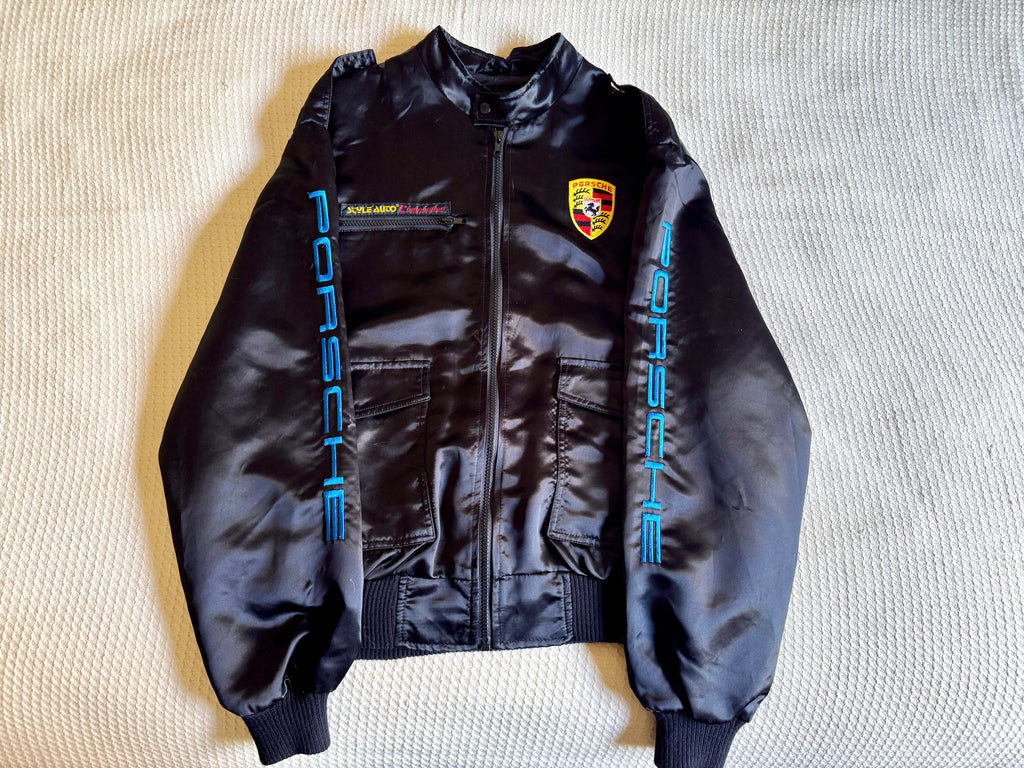Vtg Porsche Satin Racing Bomber Jacket ~ Black Style Auto Competition Porsche Jacket ~ Size L
