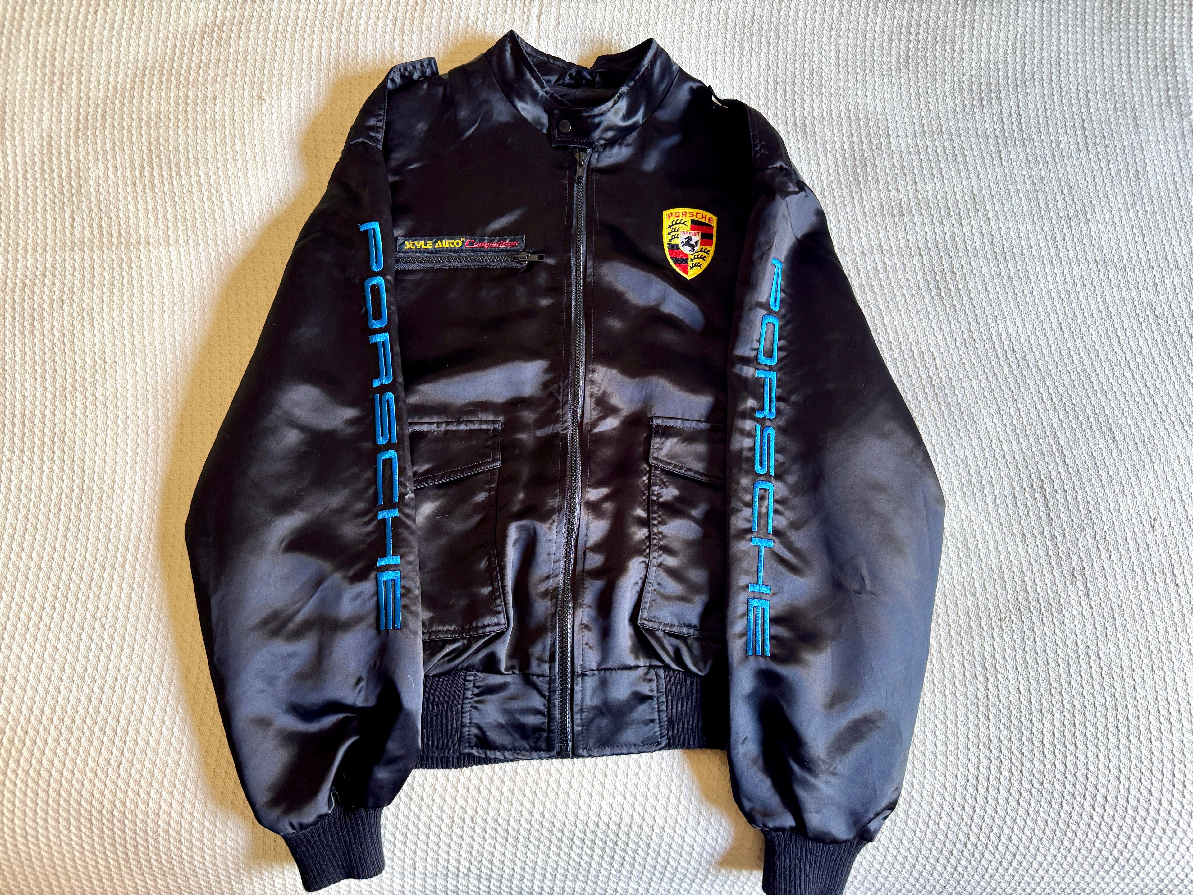 Vtg Porsche Satin Racing Bomber Jacket ~ Black Style Auto Competition Porsche Jacket ~ Size L