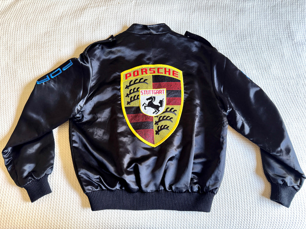 Vtg Porsche Satin Racing Bomber Jacket ~ Black Style Auto Competition Porsche Jacket ~ Size L