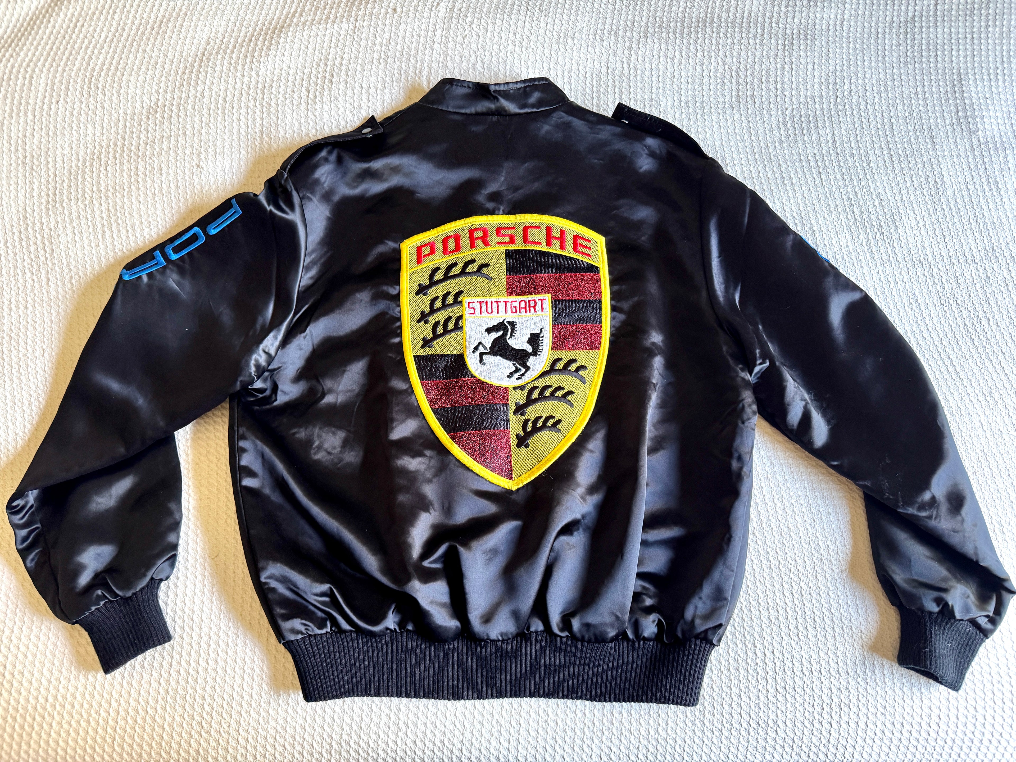 Vtg Porsche Satin Racing Bomber Jacket ~ Black Style Auto Competition Porsche Jacket ~ Size L