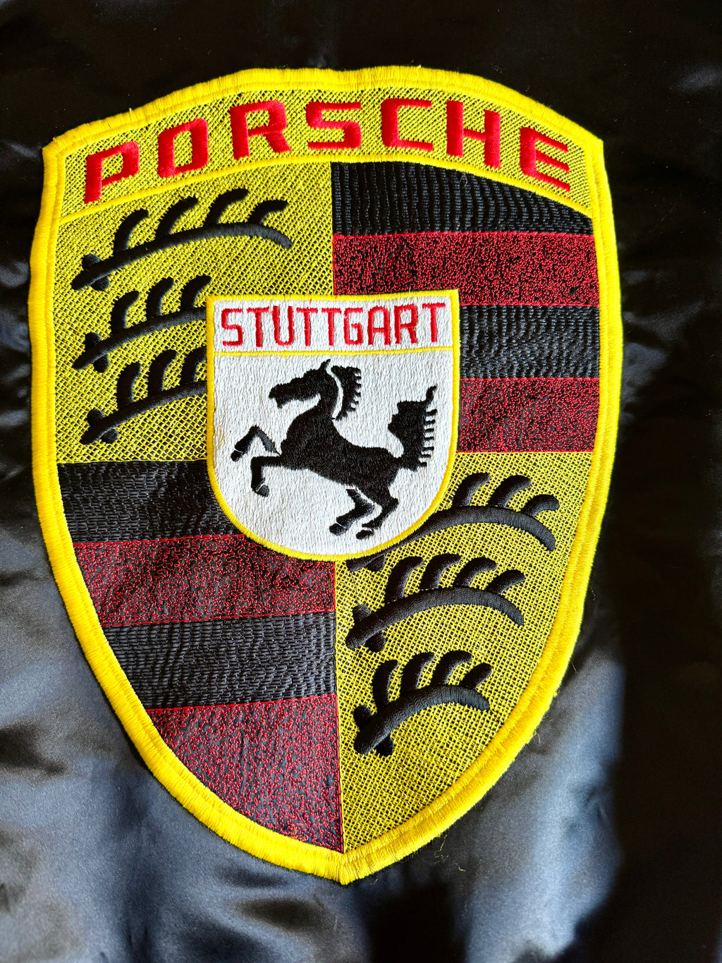 Vtg Porsche Satin Racing Bomber Jacket ~ Black Style Auto Competition Porsche Jacket ~ Size L