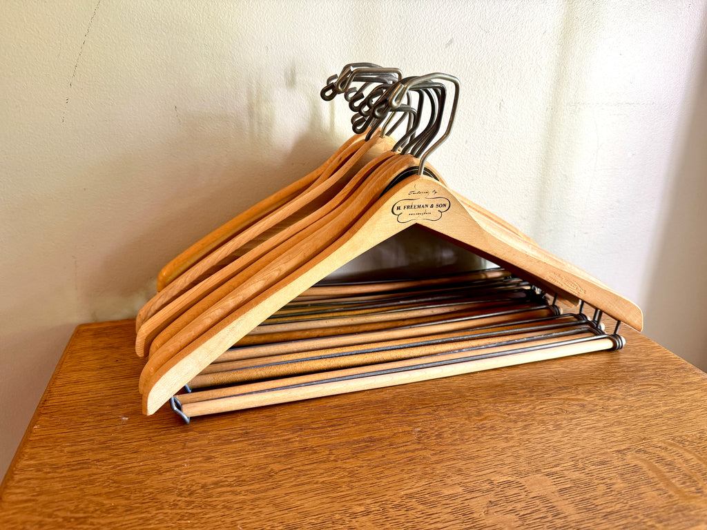 Vtg Lot of 12 Batts Wishbone Wooden Hangers ~ Advertisement Wood Hangers