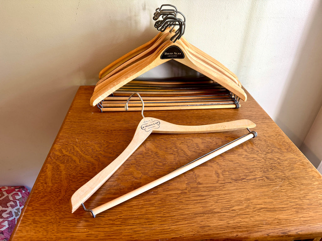 Vtg Lot of 12 Batts Wishbone Wooden Hangers ~ Advertisement Wood Hangers