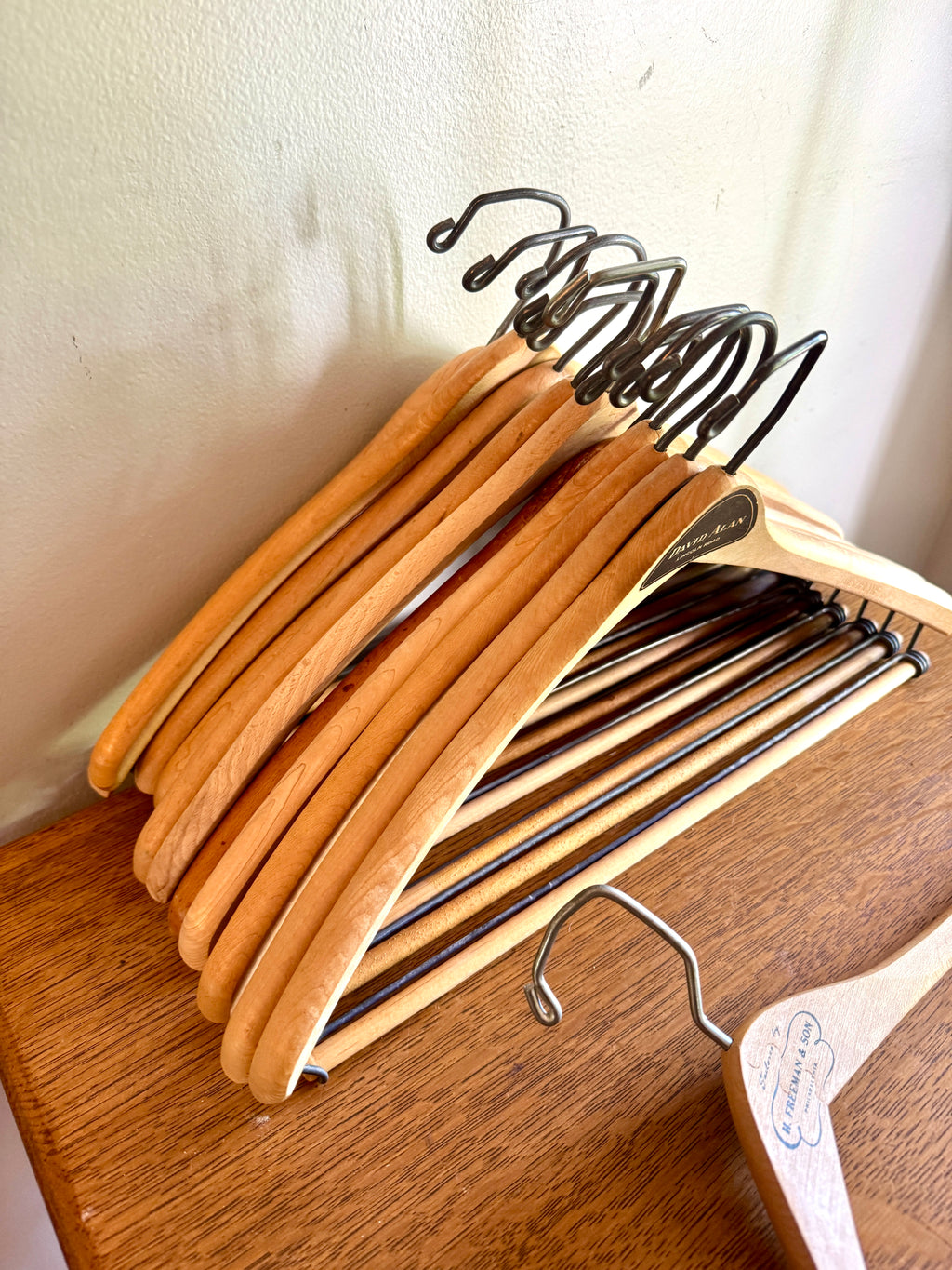Vtg Lot of 12 Batts Wishbone Wooden Hangers ~ Advertisement Wood Hangers