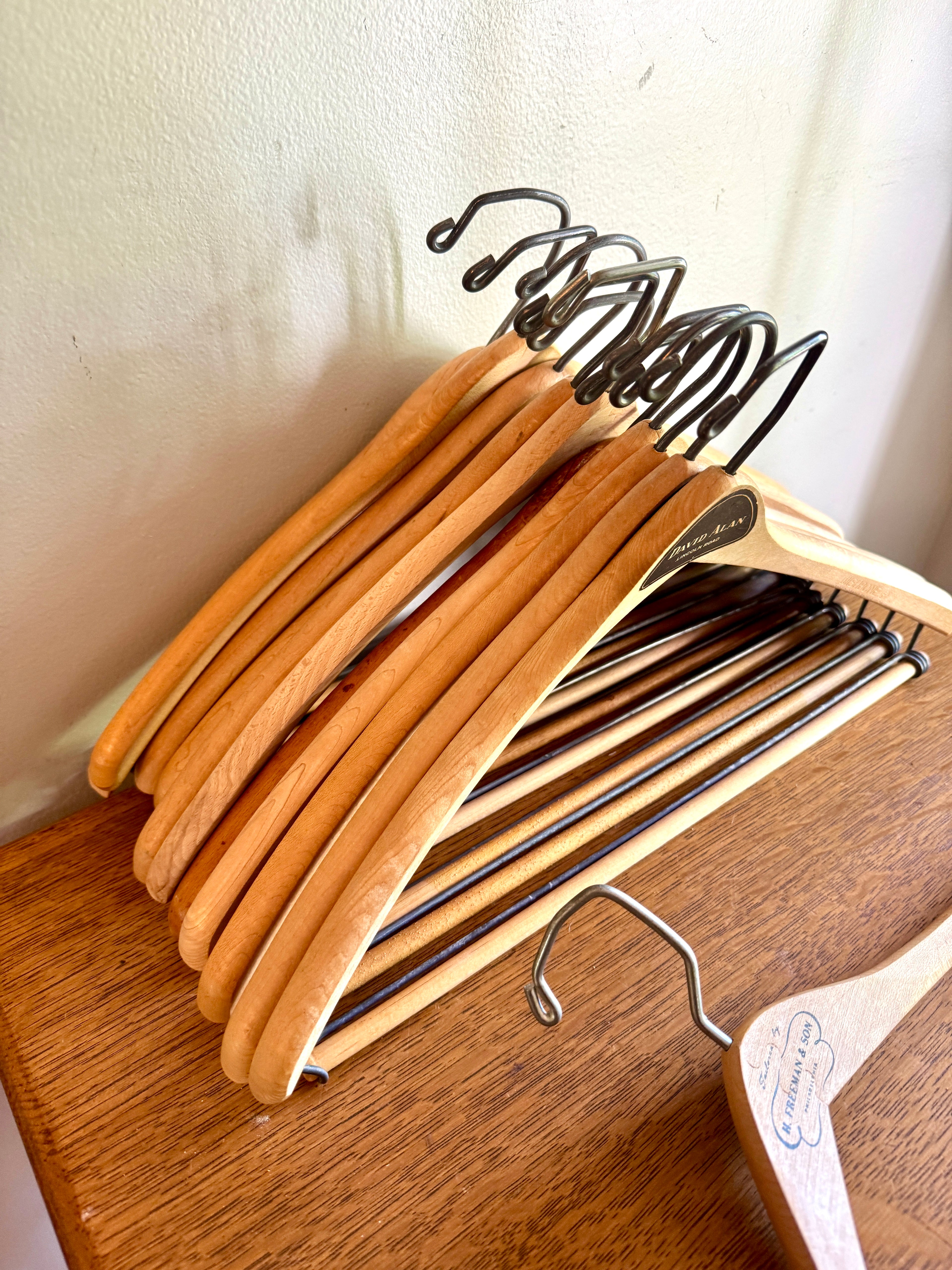Vtg Lot of 12 Batts Wishbone Wooden Hangers ~ Advertisement Wood Hangers