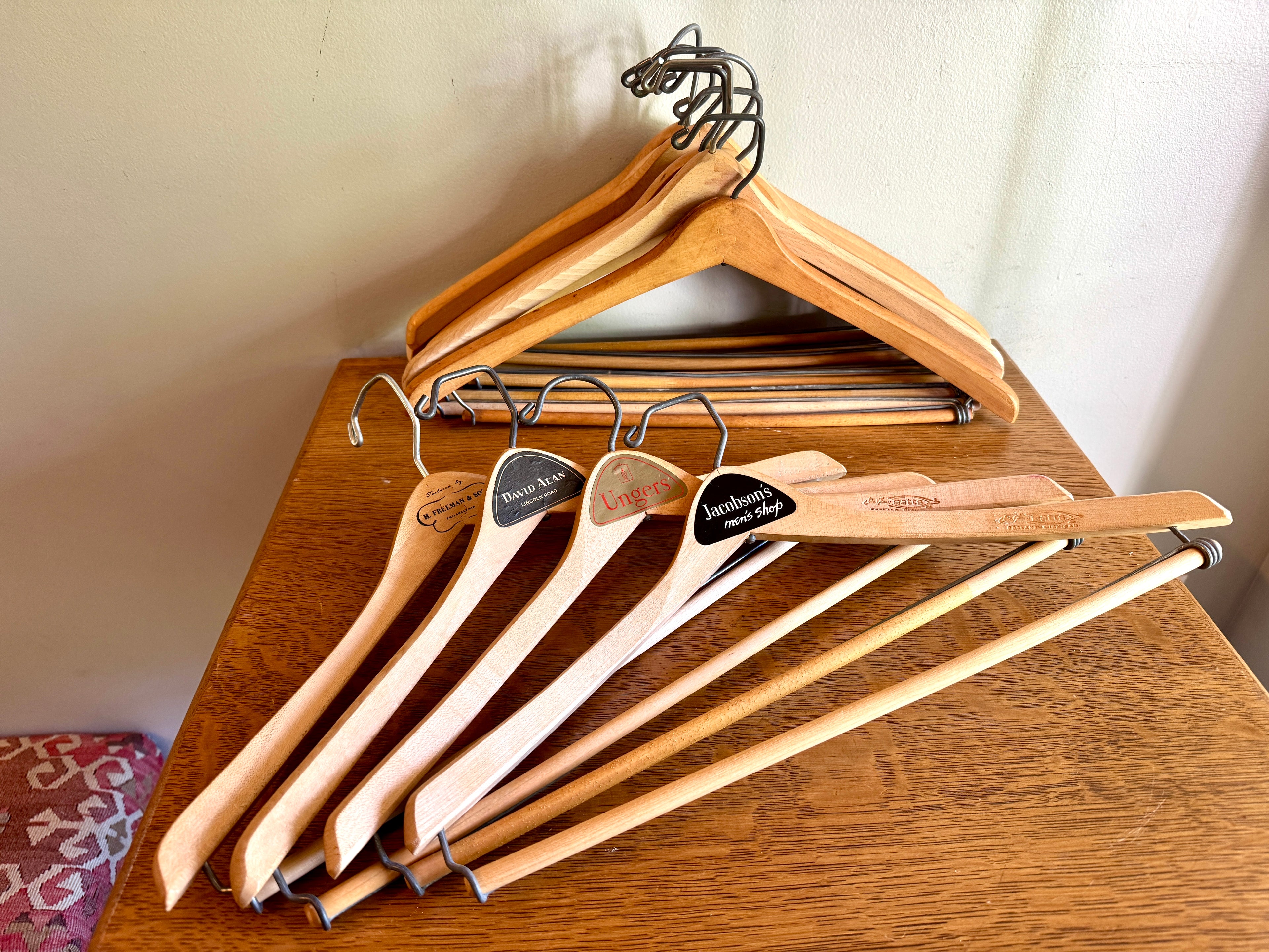 Vtg Lot of 12 Batts Wishbone Wooden Hangers ~ Advertisement Wood Hangers