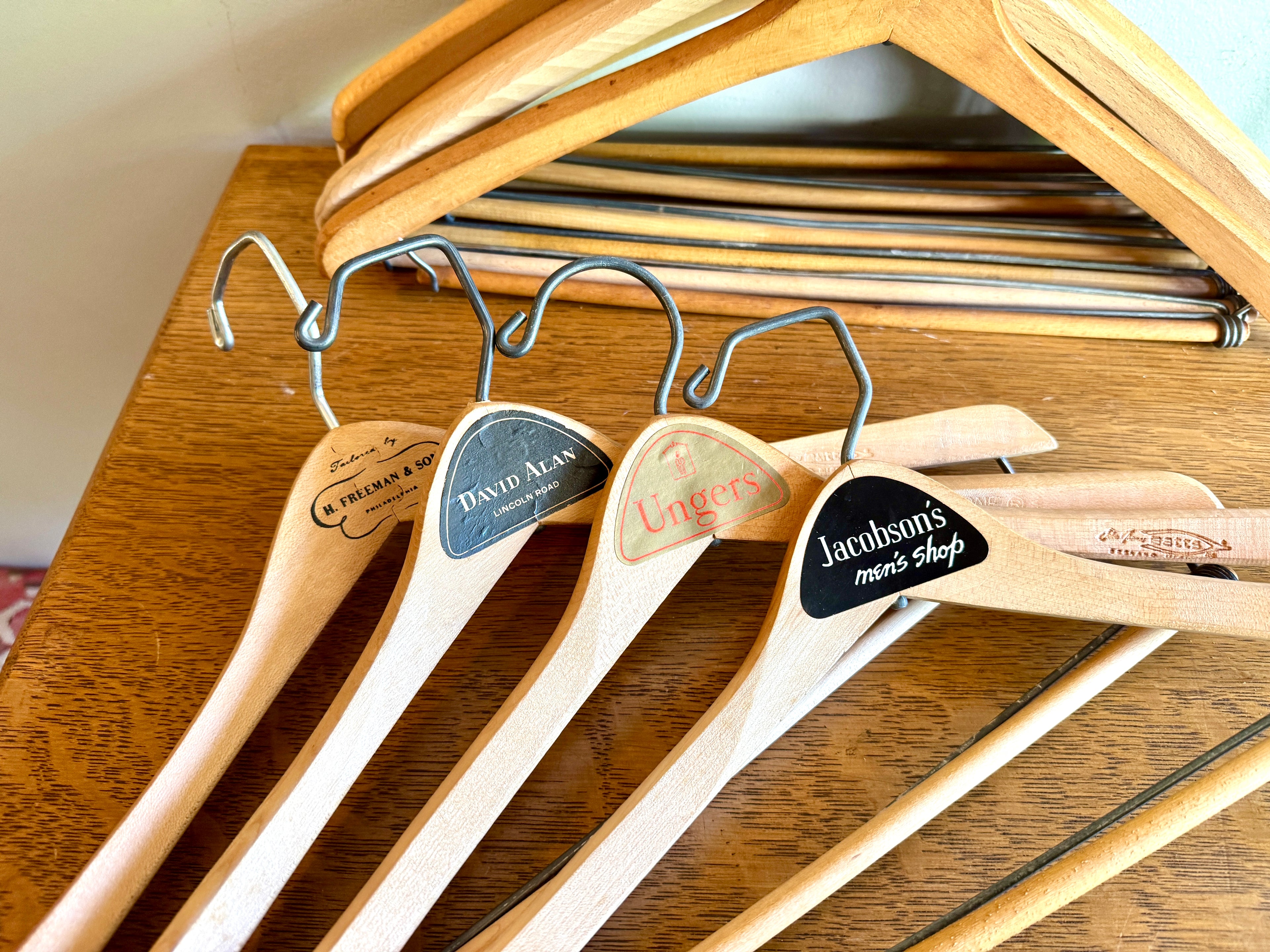 Vtg Lot of 12 Batts Wishbone Wooden Hangers ~ Advertisement Wood Hangers
