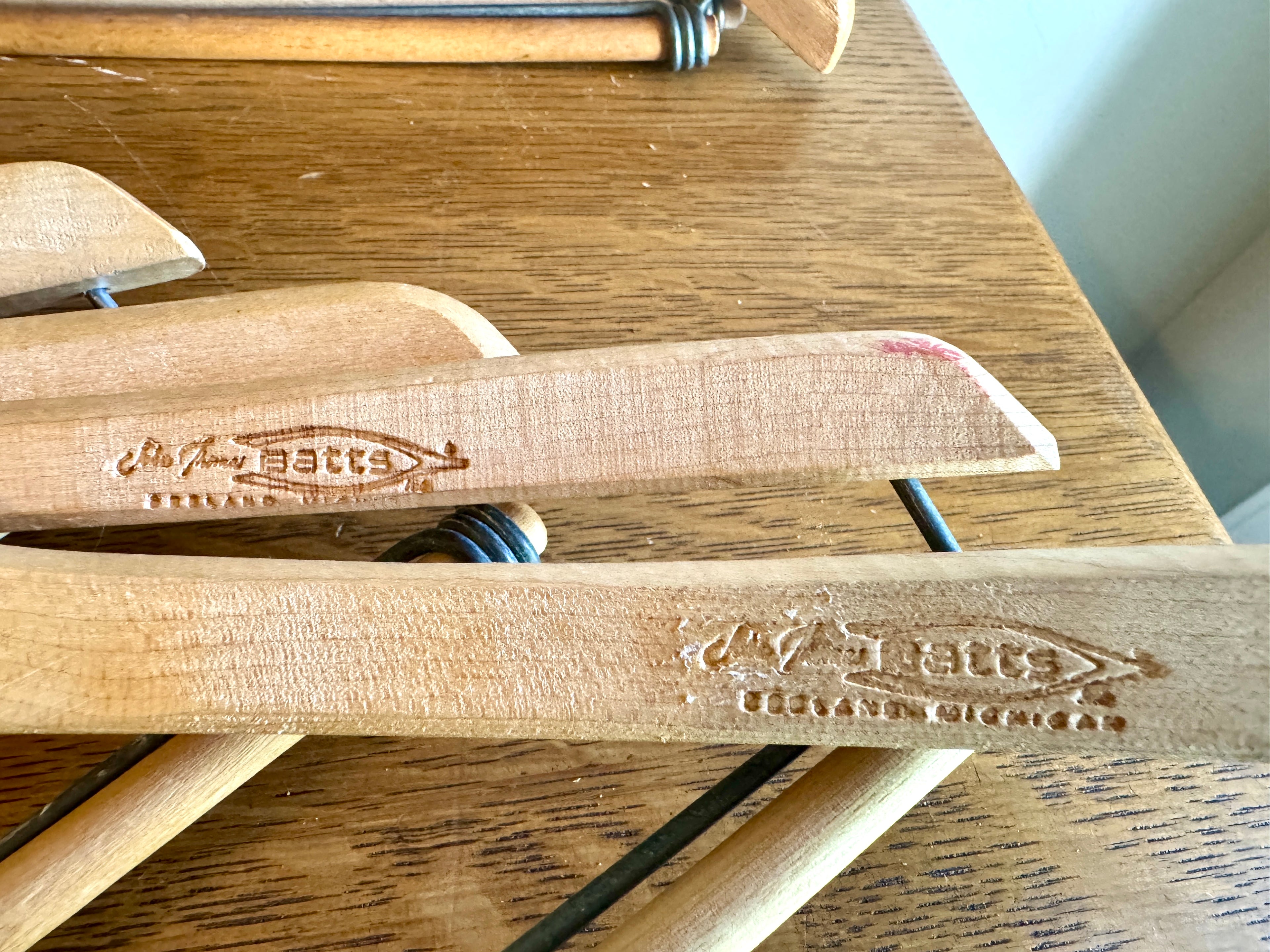 Vtg Lot of 12 Batts Wishbone Wooden Hangers ~ Advertisement Wood Hangers