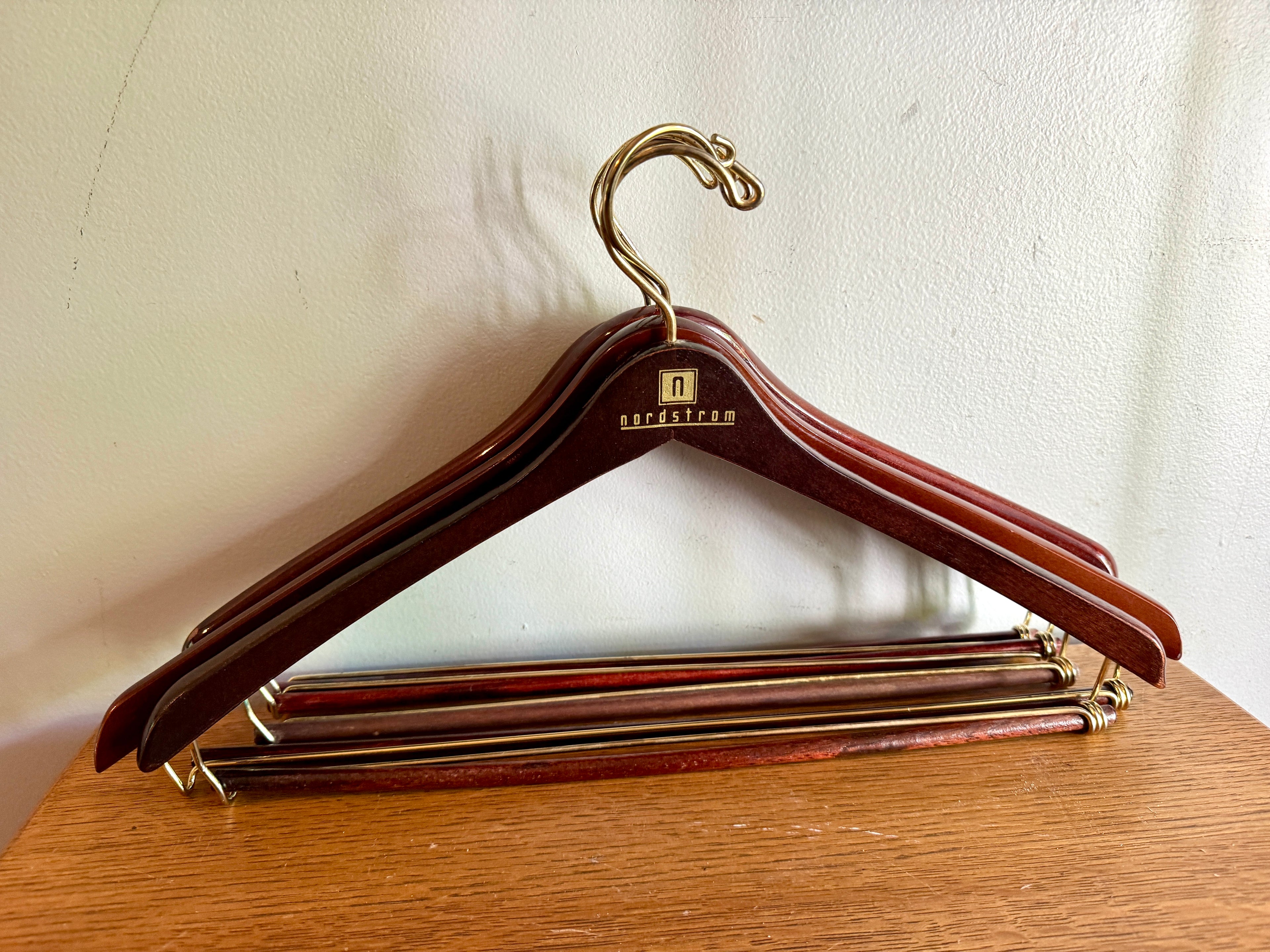Vtg Lot of 5 Mahogany Colored Clothes Hanger ~ Nordstrom Branded Clothes and Pants Hangers
