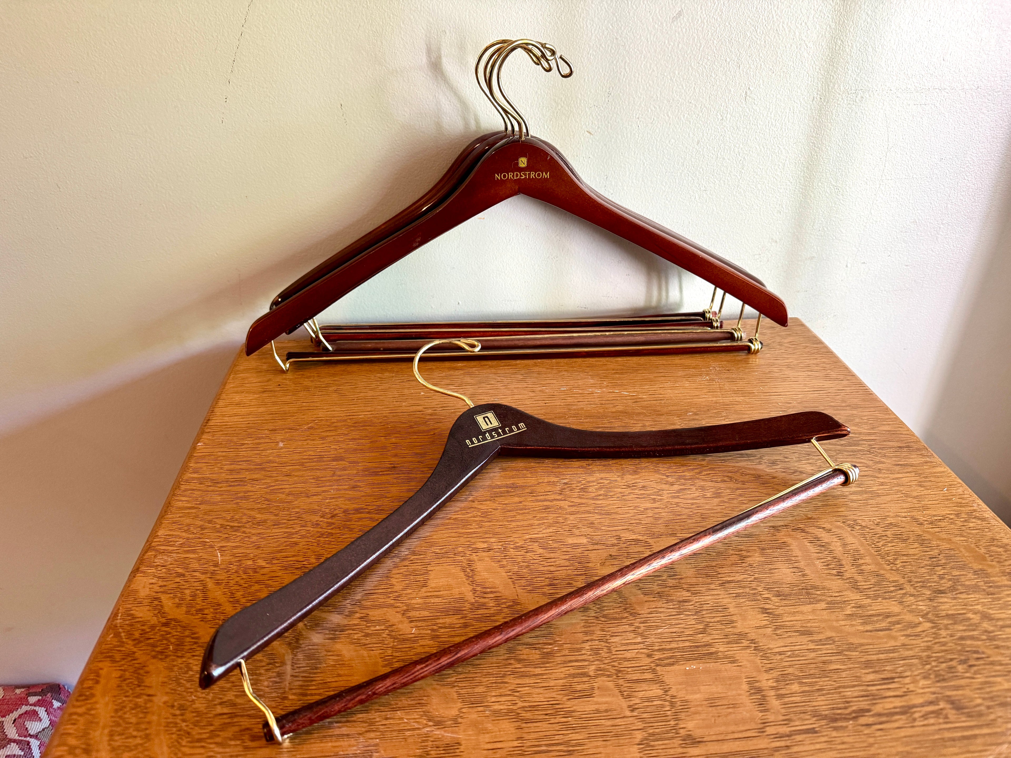 Vtg Lot of 5 Mahogany Colored Clothes Hanger ~ Nordstrom Branded Clothes and Pants Hangers