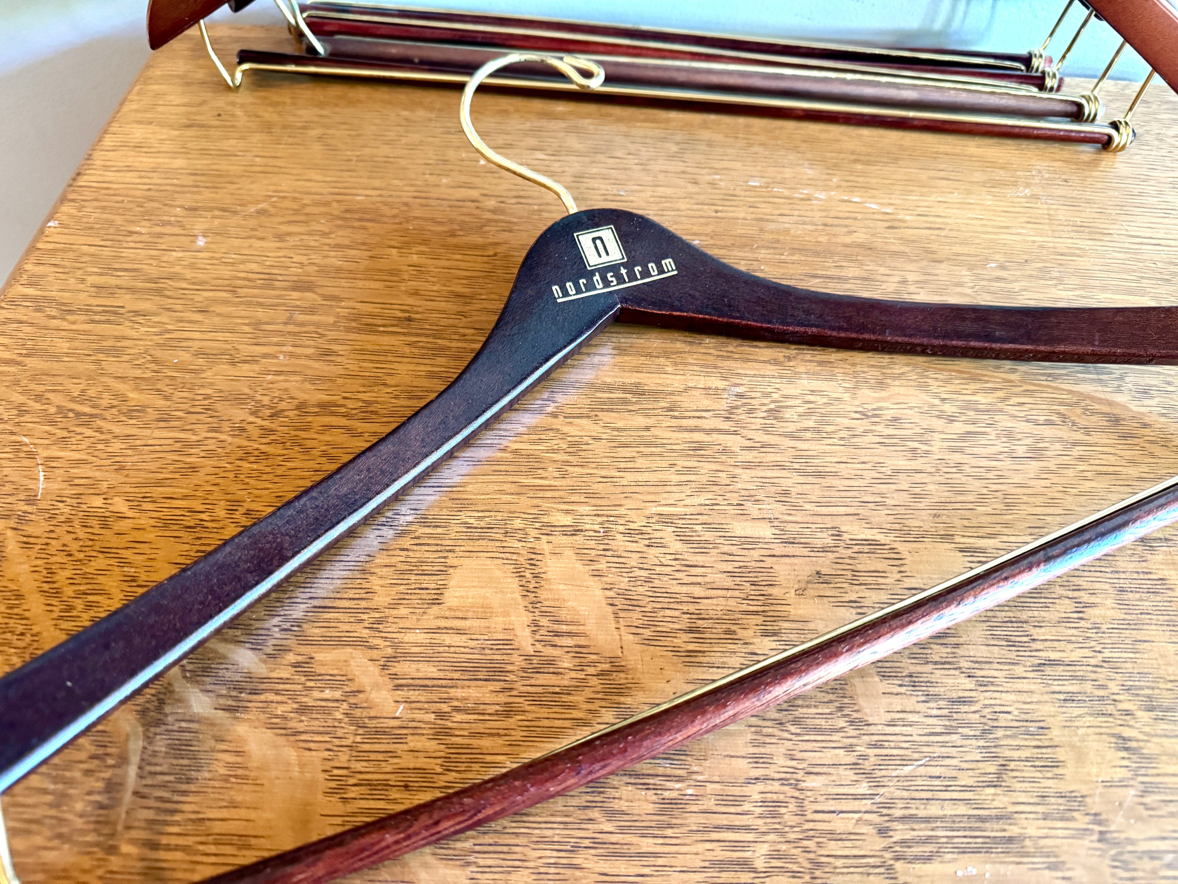Vtg Lot of 5 Mahogany Colored Clothes Hanger ~ Nordstrom Branded Clothes and Pants Hangers