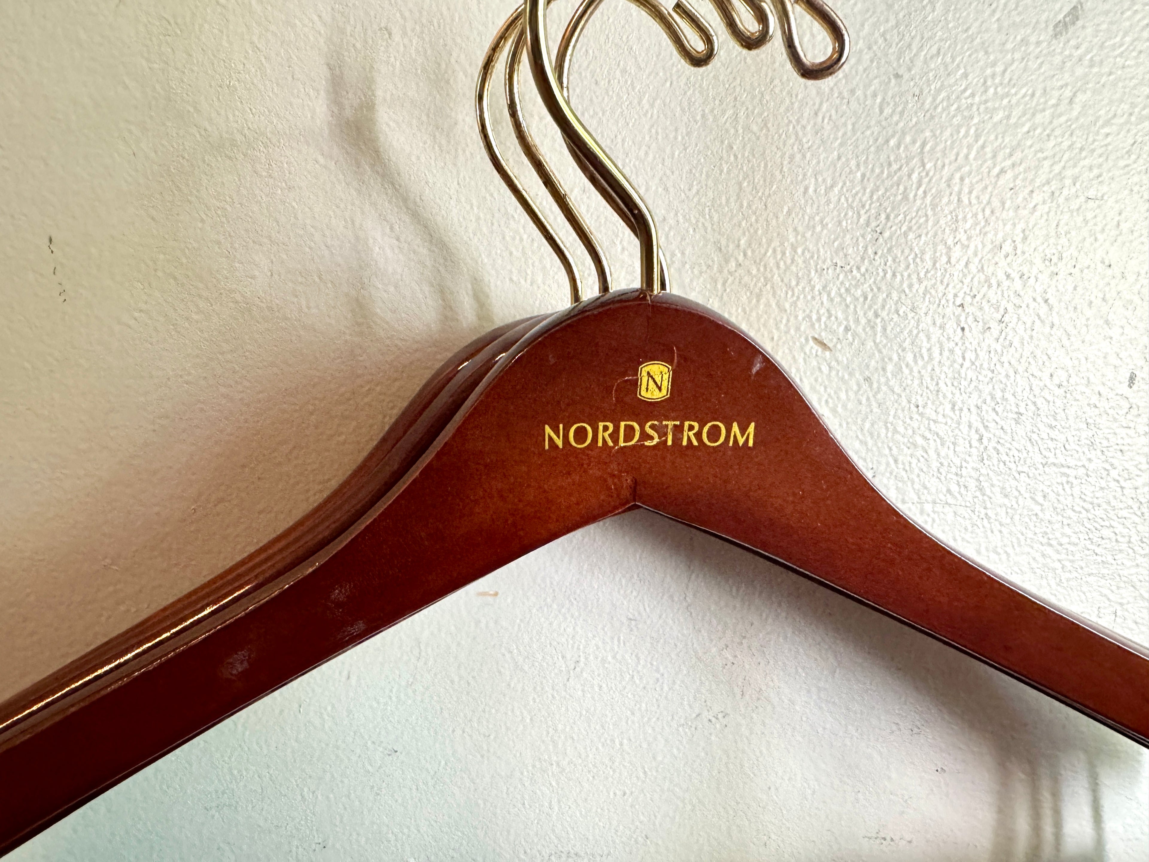 Vtg Lot of 5 Mahogany Colored Clothes Hanger ~ Nordstrom Branded Clothes and Pants Hangers