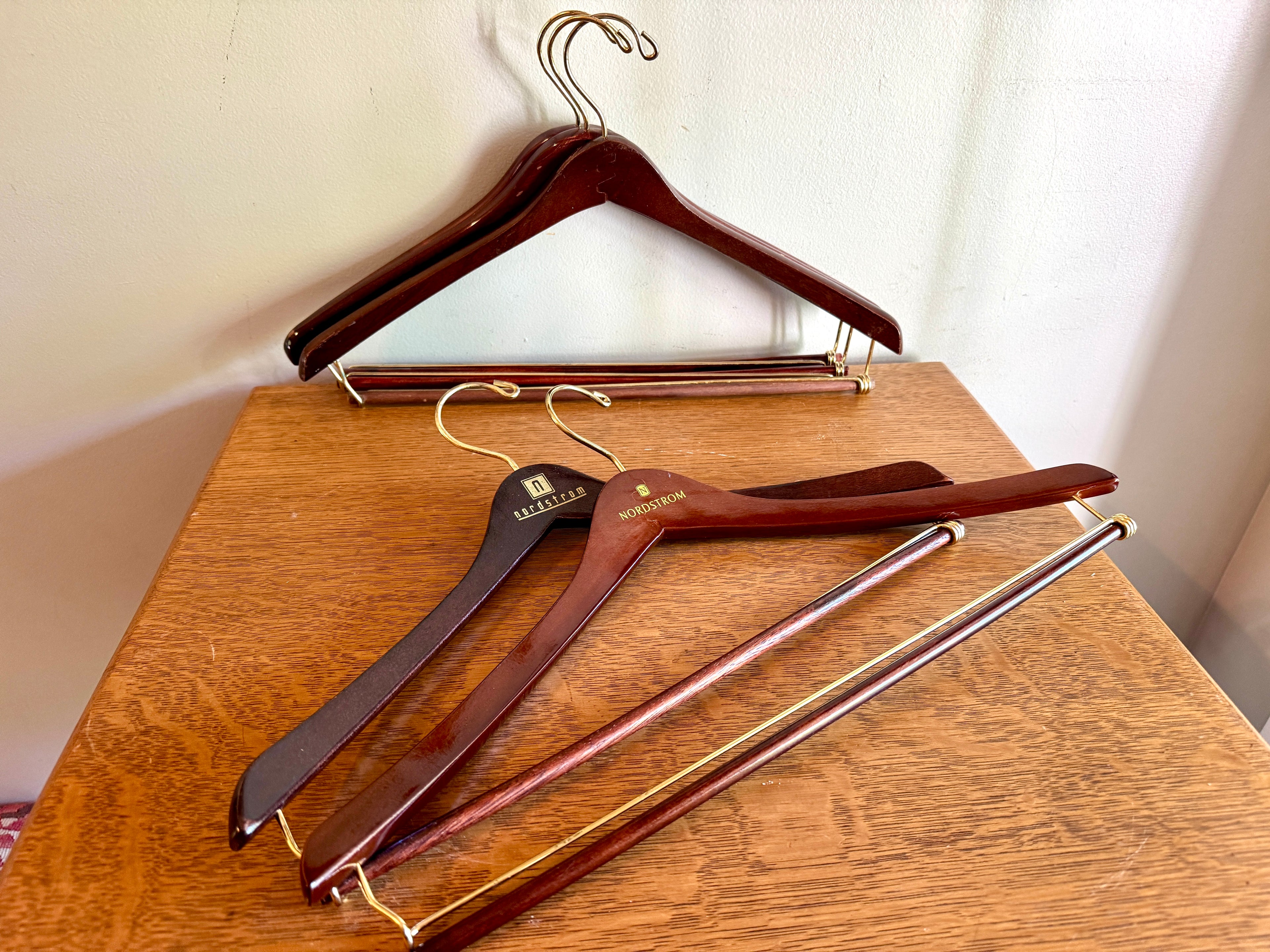 Vtg Lot of 5 Mahogany Colored Clothes Hanger ~ Nordstrom Branded Clothes and Pants Hangers