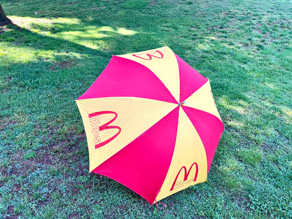 Vtg Large McDonald's Kids Umbrella ~ MC Kids Yellow & Red Wood Handle Umbrella